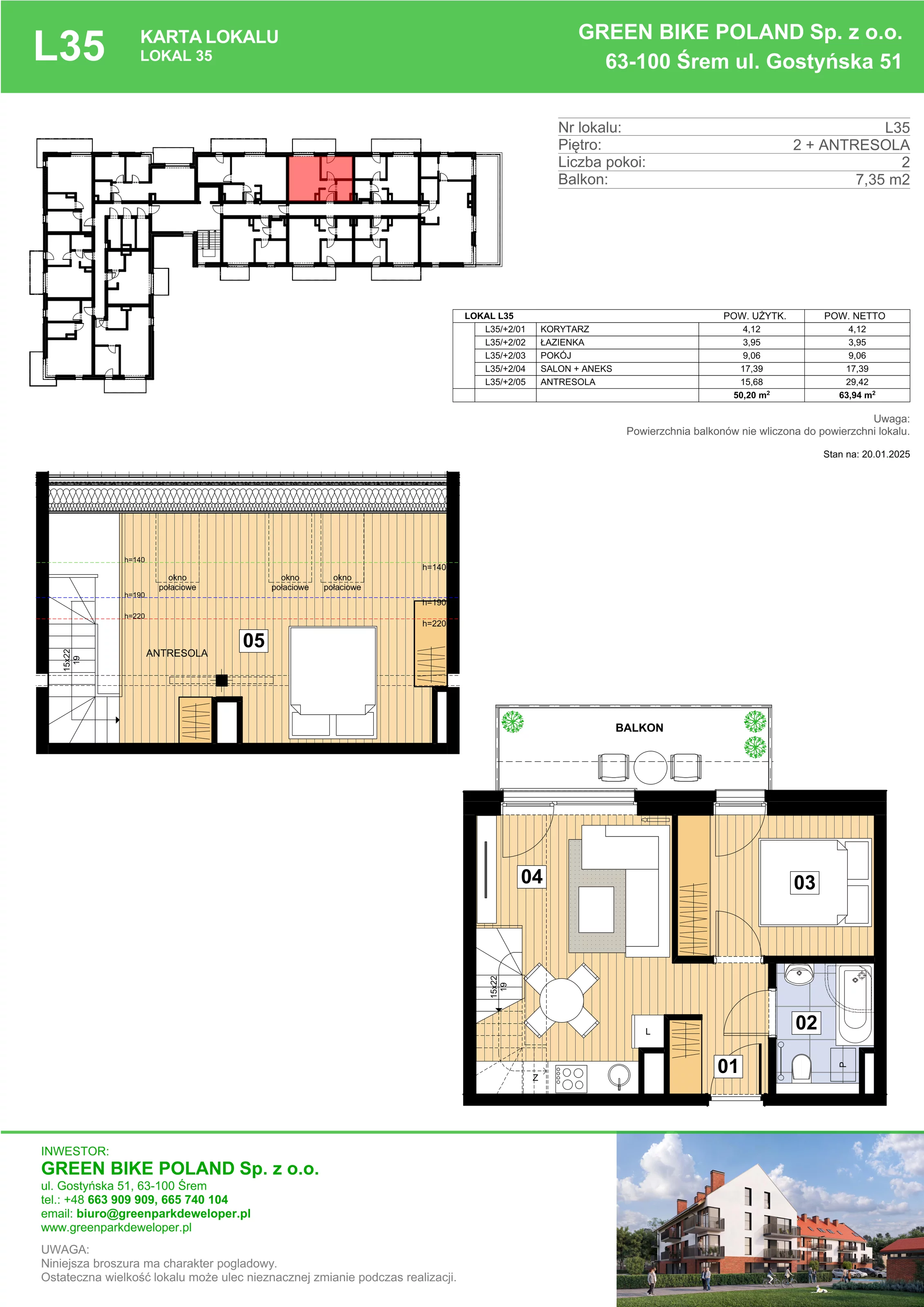 3 pokoje, mieszkanie 50,20 m², piętro 2, oferta nr L35, Mickiewicza 21 Residence, Śrem, ul. Mickiewicza 21