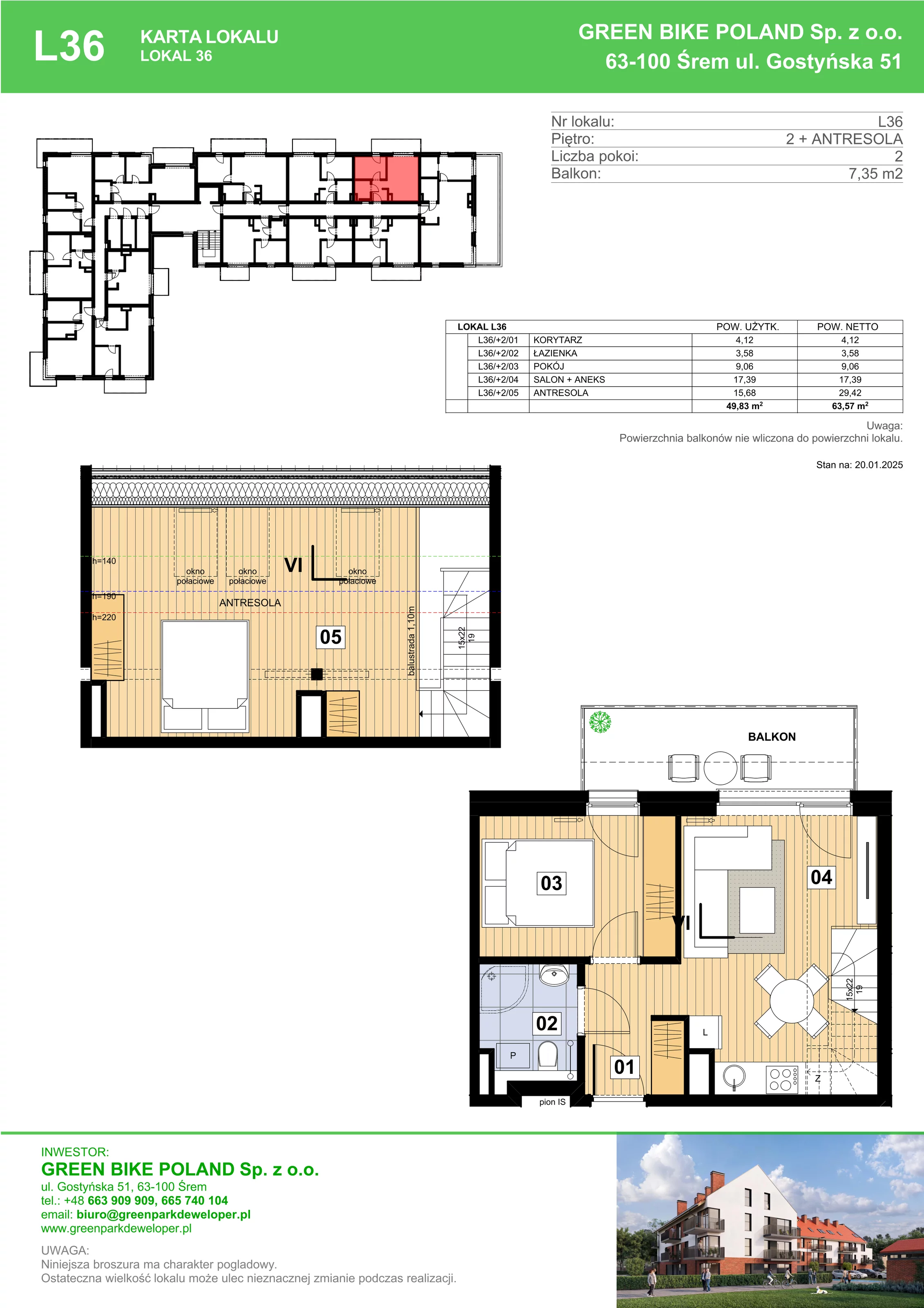 3 pokoje, mieszkanie 49,86 m², piętro 2, oferta nr L36, Mickiewicza 21 Residence, Śrem, ul. Mickiewicza 21