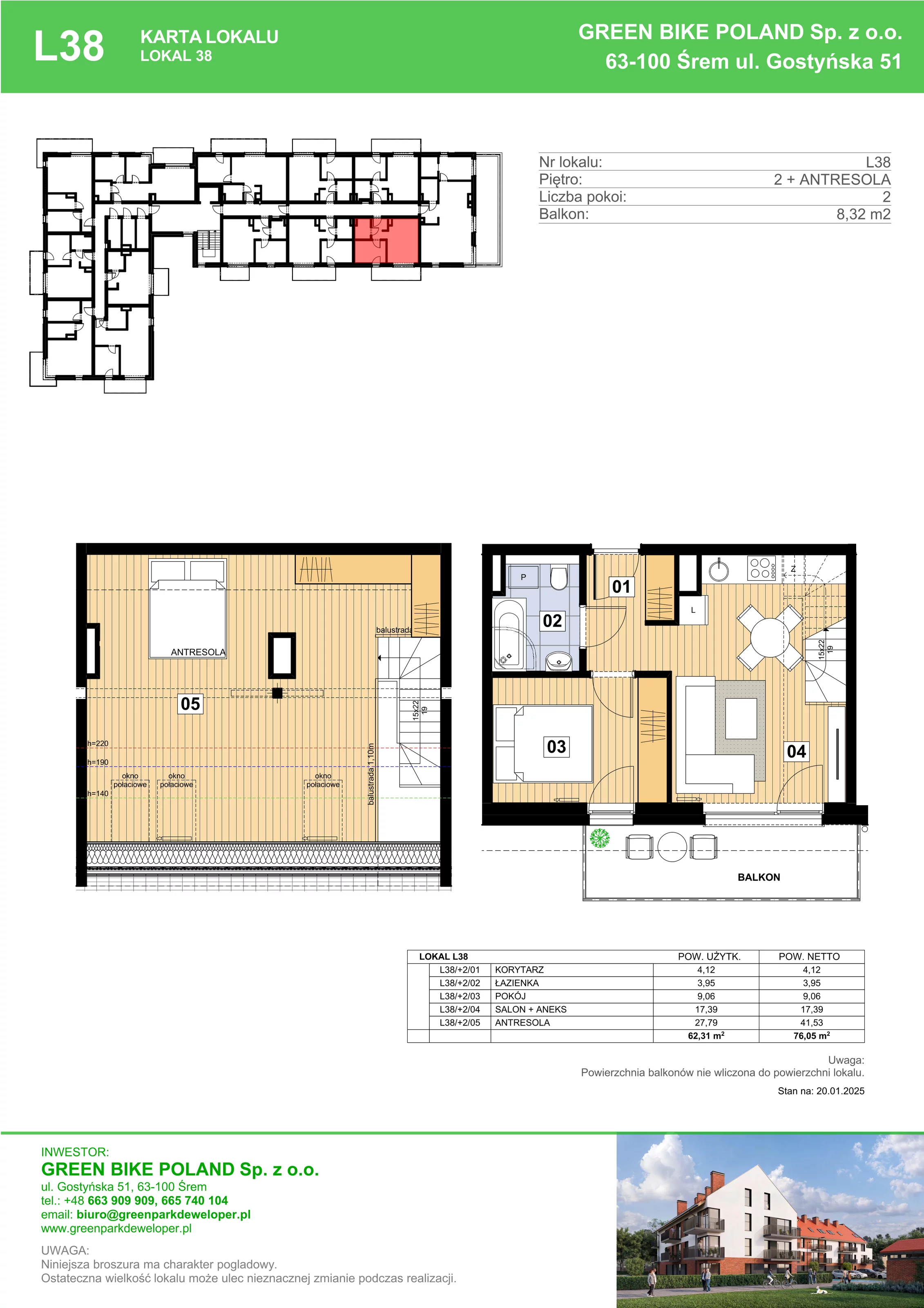 3 pokoje, mieszkanie 62,31 m², piętro 2, oferta nr L38, Mickiewicza 21 Residence, Śrem, ul. Mickiewicza 21