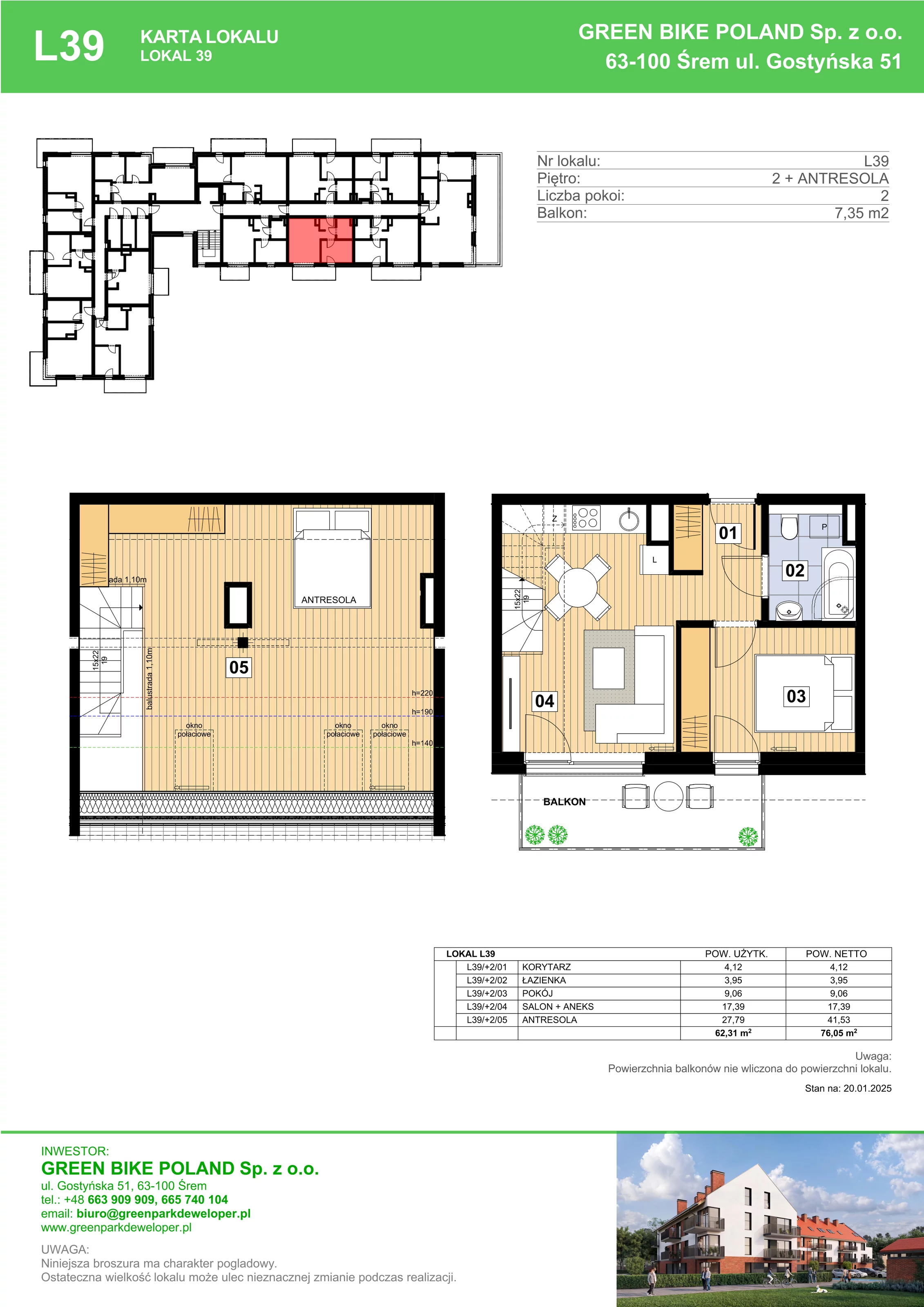 3 pokoje, mieszkanie 62,31 m², piętro 2, oferta nr L39, Mickiewicza 21 Residence, Śrem, ul. Mickiewicza 21