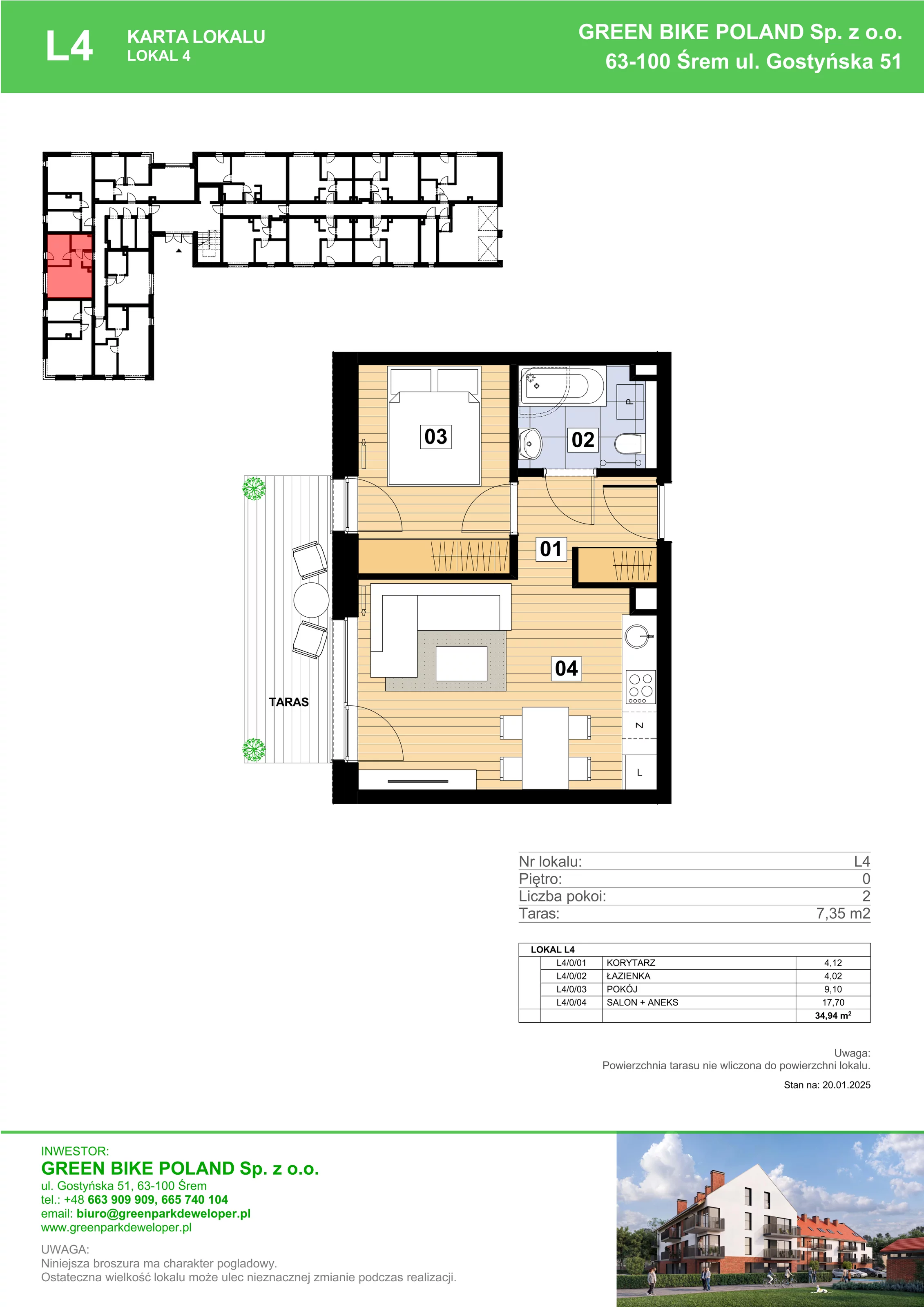 2 pokoje, mieszkanie 34,94 m², parter, oferta nr L04, Mickiewicza 21 Residence, Śrem, ul. Mickiewicza 21