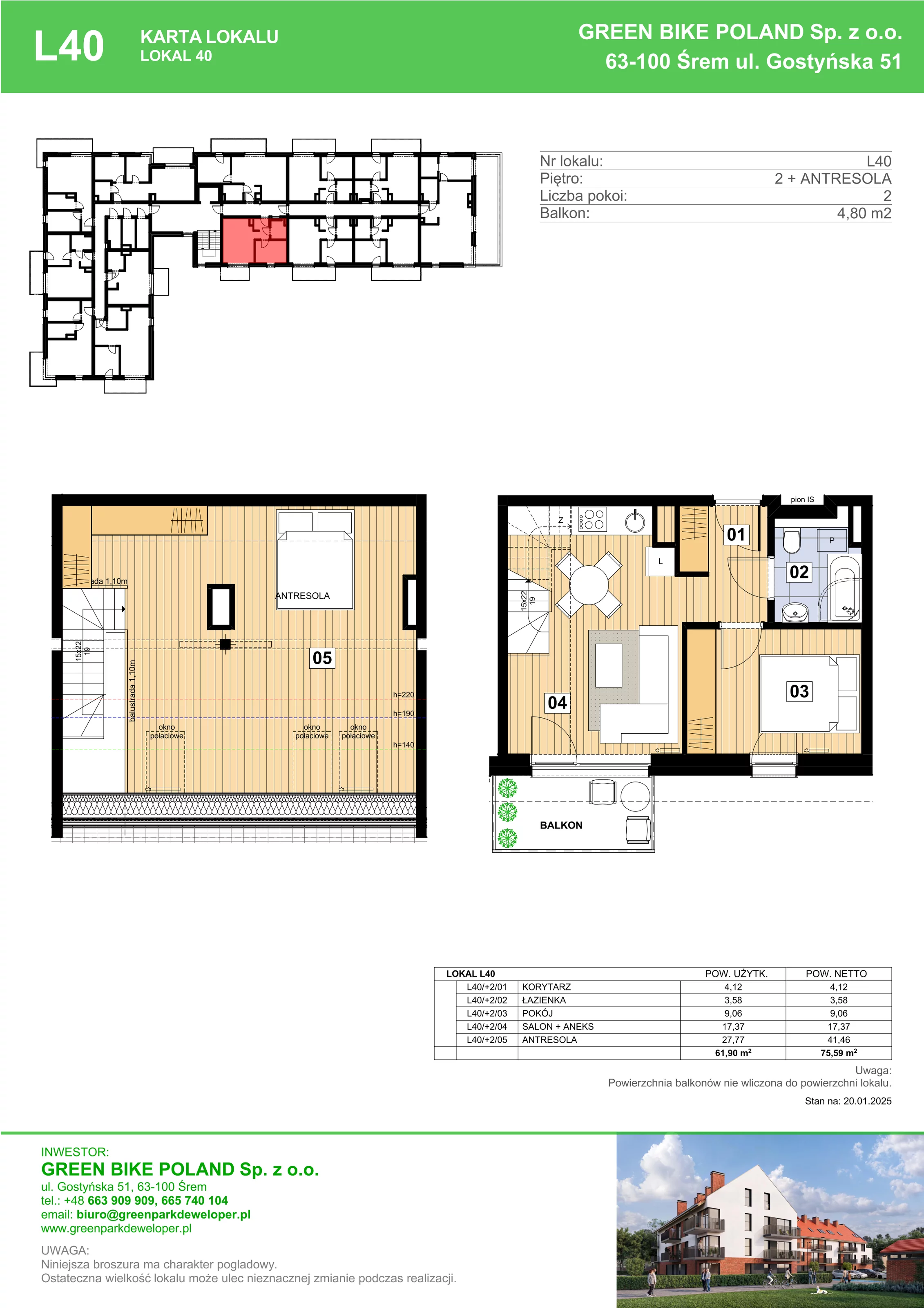 3 pokoje, mieszkanie 61,90 m², piętro 2, oferta nr L40, Mickiewicza 21 Residence, Śrem, ul. Mickiewicza 21