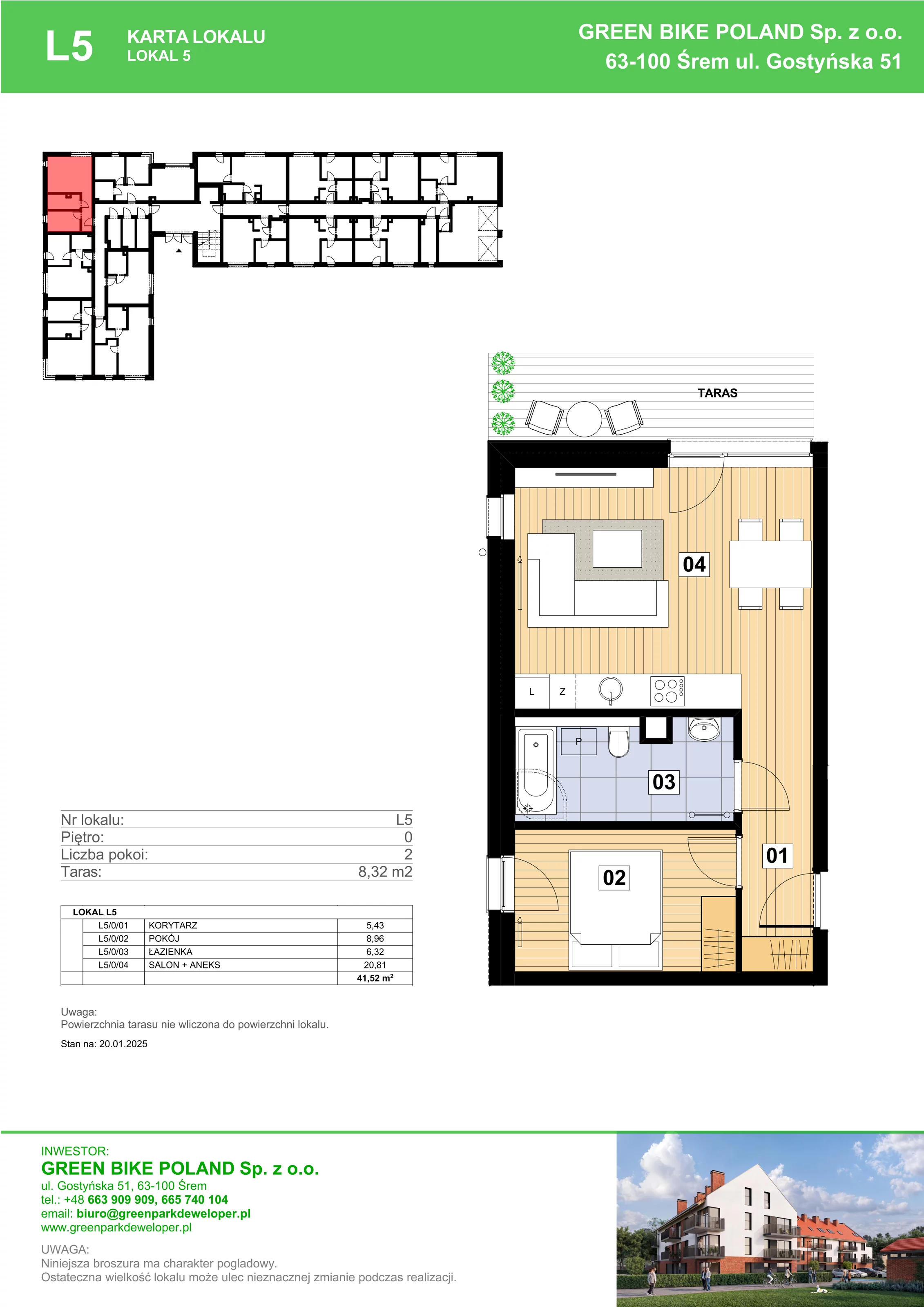 2 pokoje, mieszkanie 41,52 m², parter, oferta nr L05, Mickiewicza 21 Residence, Śrem, ul. Mickiewicza 21