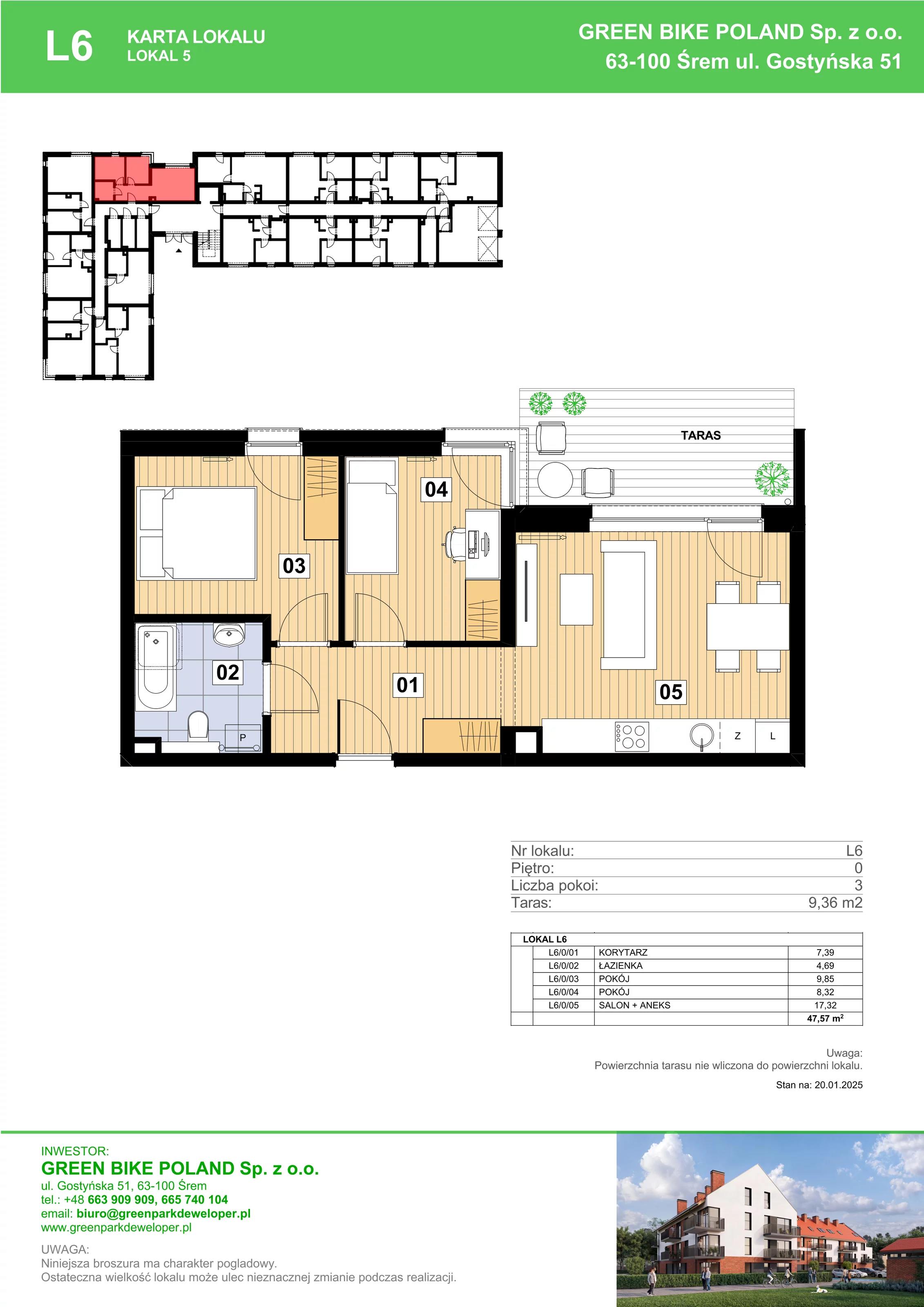 3 pokoje, mieszkanie 47,57 m², parter, oferta nr L06, Mickiewicza 21 Residence, Śrem, ul. Mickiewicza 21