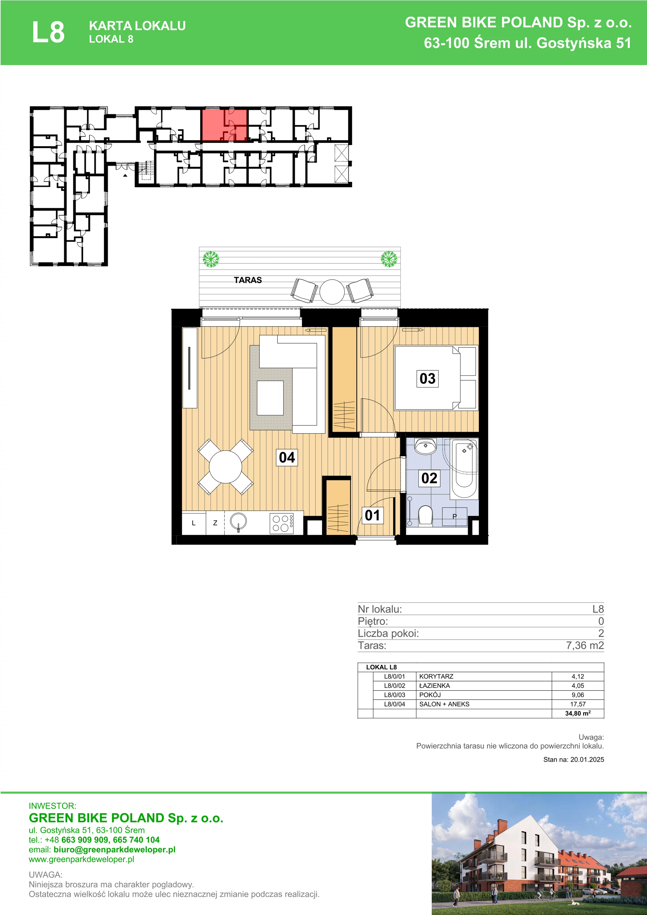 2 pokoje, mieszkanie 34,80 m², parter, oferta nr L08, Mickiewicza 21 Residence, Śrem, ul. Mickiewicza 21