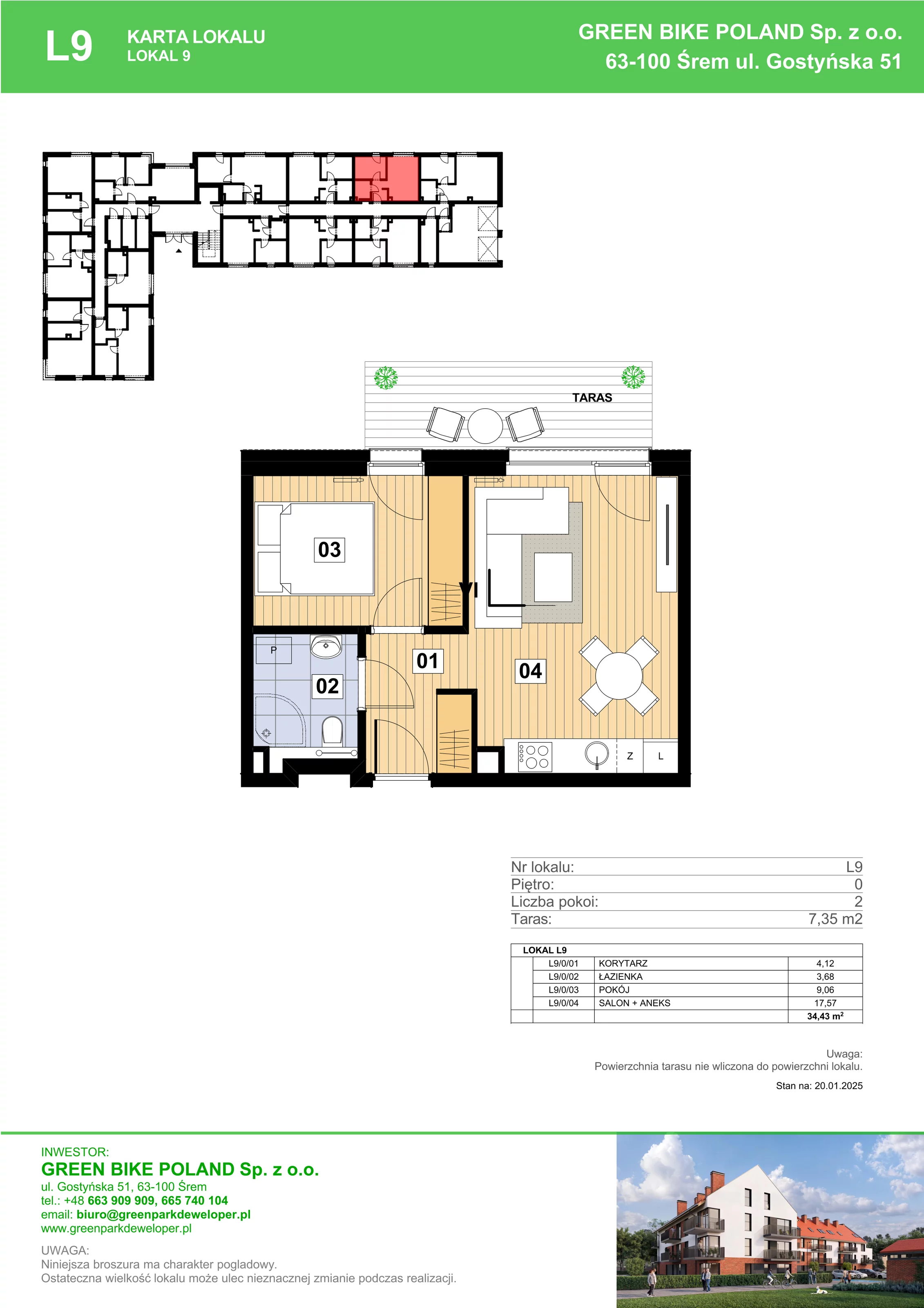 2 pokoje, mieszkanie 34,43 m², parter, oferta nr L09, Mickiewicza 21 Residence, Śrem, ul. Mickiewicza 21