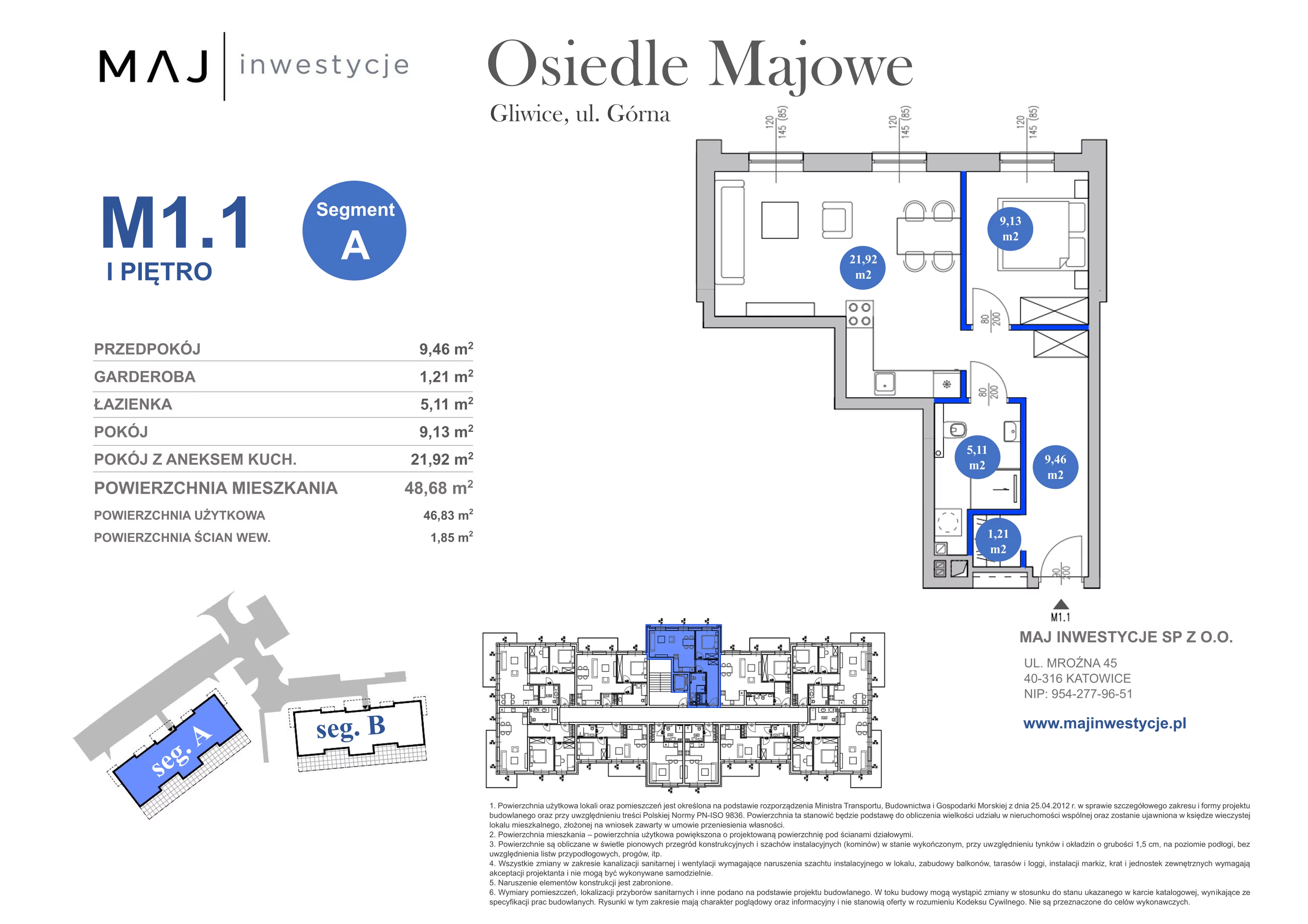 3 pokoje, mieszkanie 48,68 m², piętro 1, oferta nr A1.1, Osiedle Majowe 2.0, Gliwice, Ligota Zabrska, ul. Górna 28C