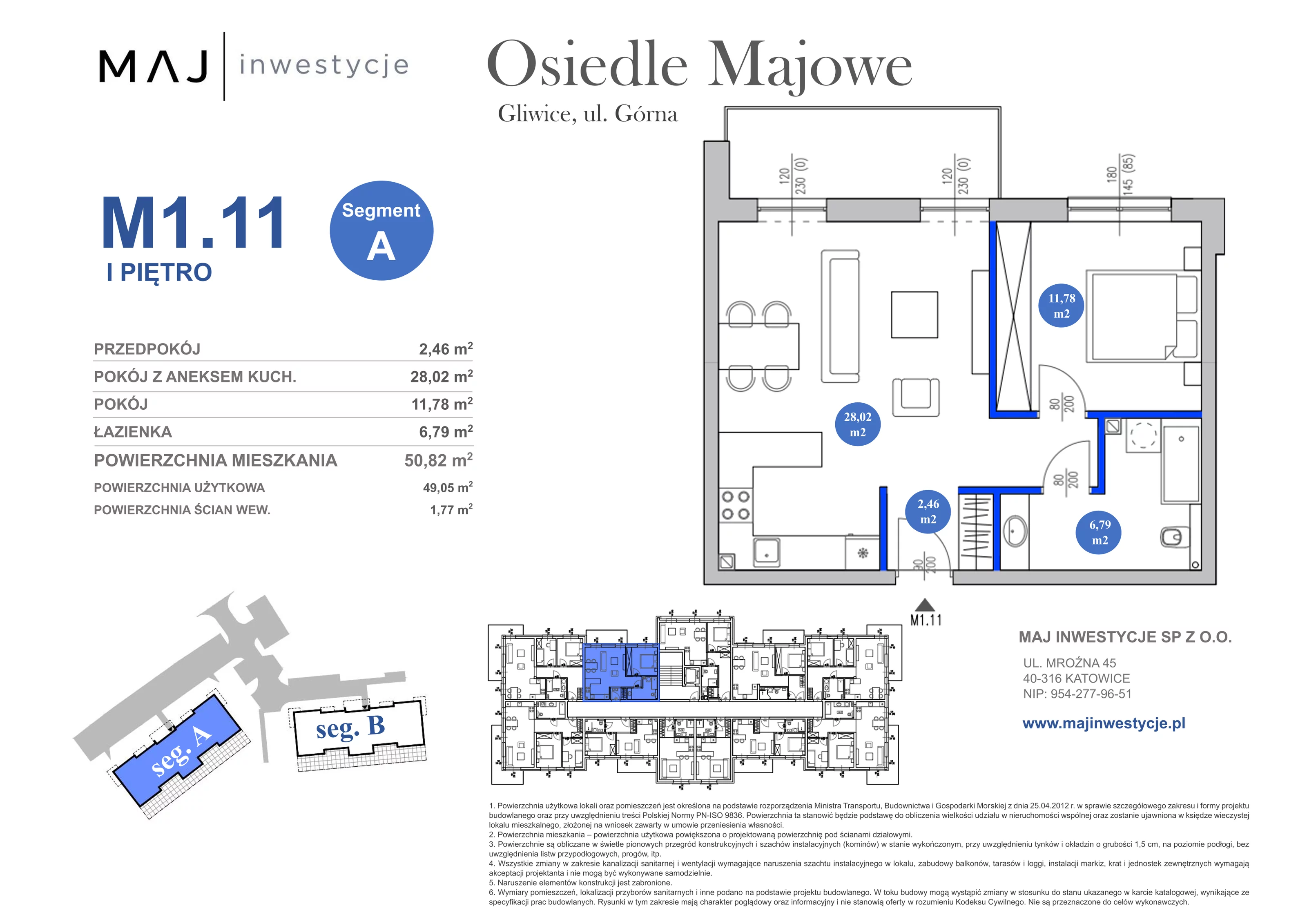 2 pokoje, mieszkanie 50,82 m², piętro 1, oferta nr A1.11, Osiedle Majowe 2.0, Gliwice, Ligota Zabrska, ul. Górna 28C