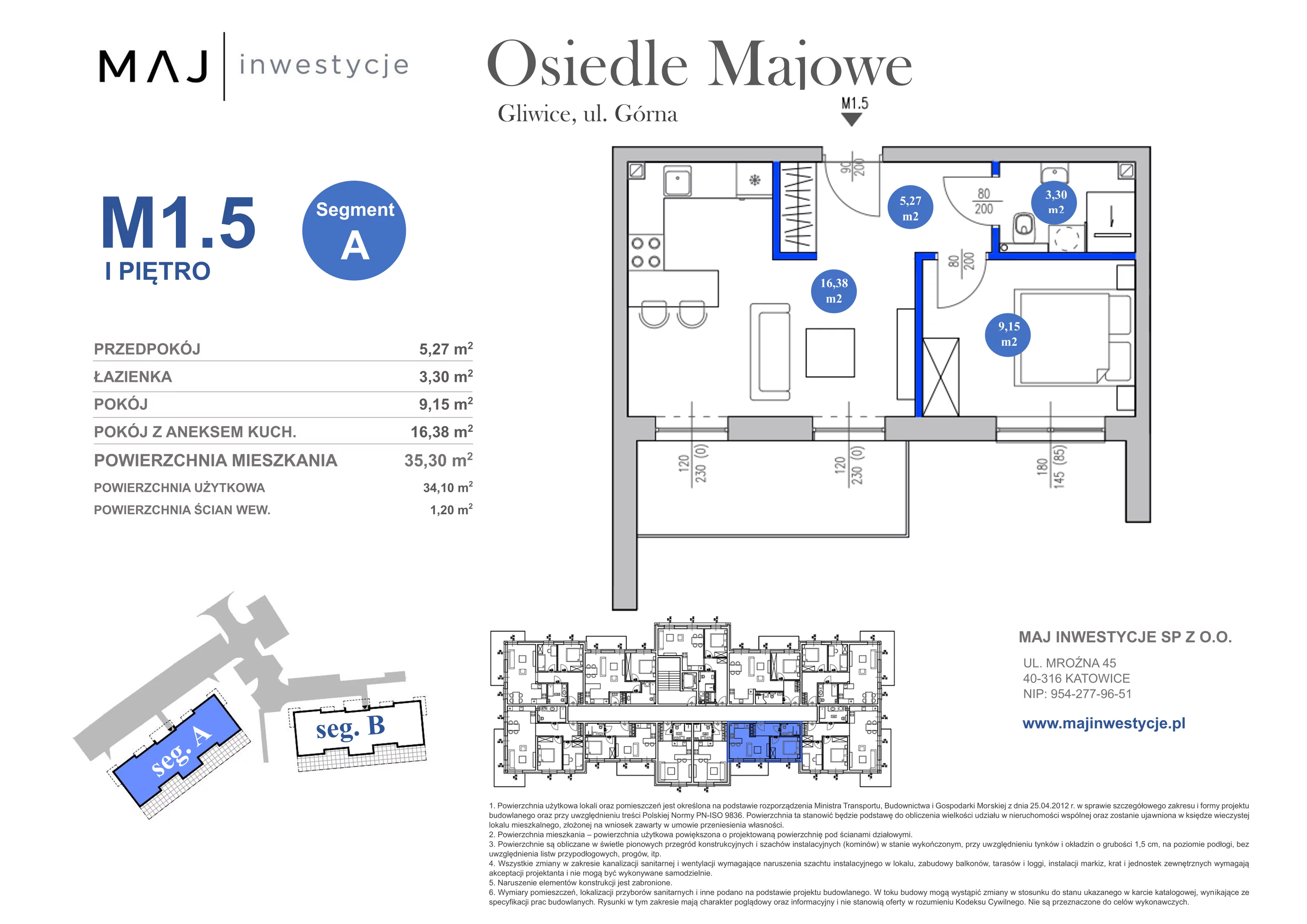 2 pokoje, mieszkanie 35,30 m², piętro 1, oferta nr A1.5, Osiedle Majowe 2.0, Gliwice, Ligota Zabrska, ul. Górna 28C
