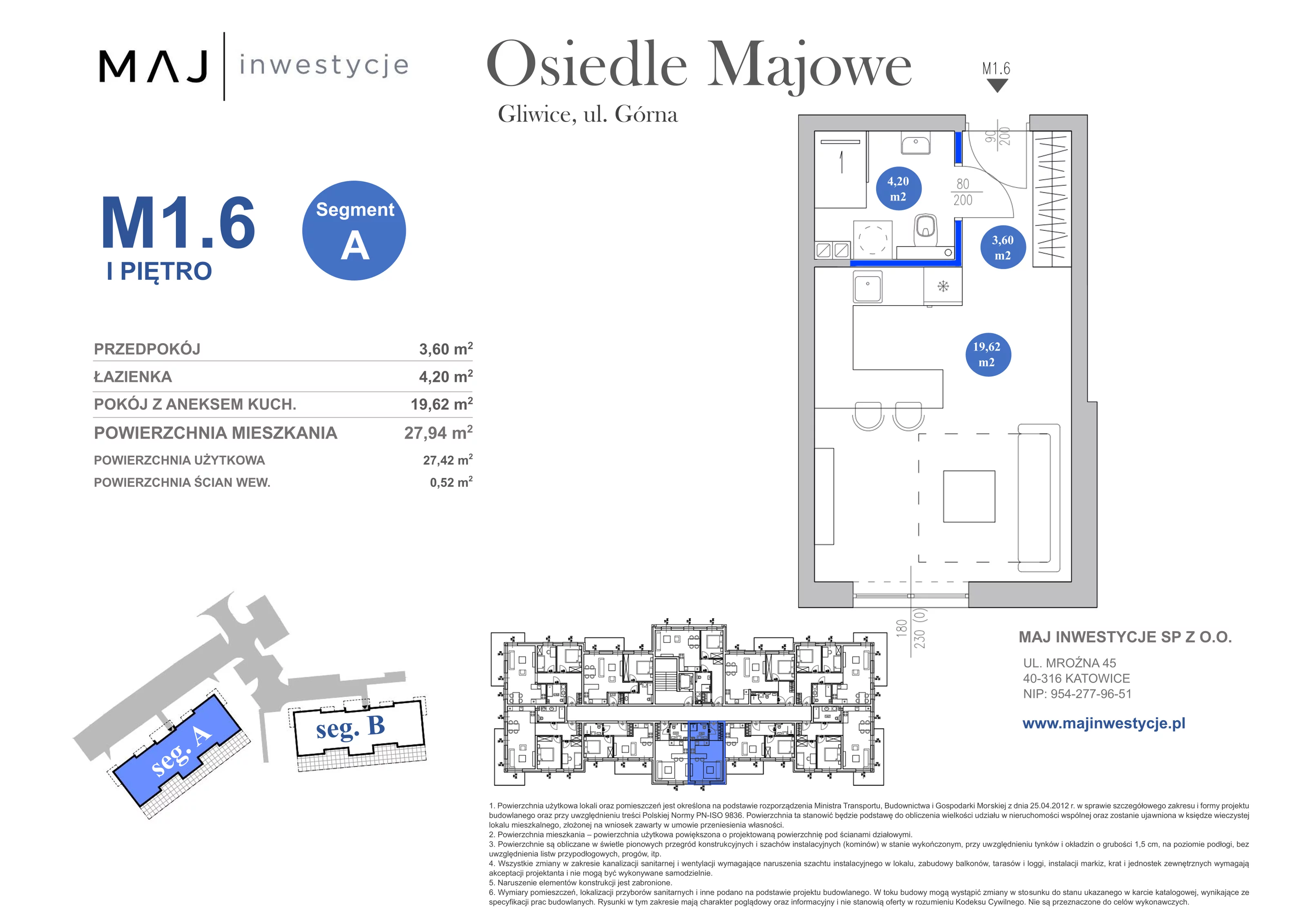 1 pokój, mieszkanie 27,94 m², piętro 1, oferta nr A1.6, Osiedle Majowe 2.0, Gliwice, Ligota Zabrska, ul. Górna 28C