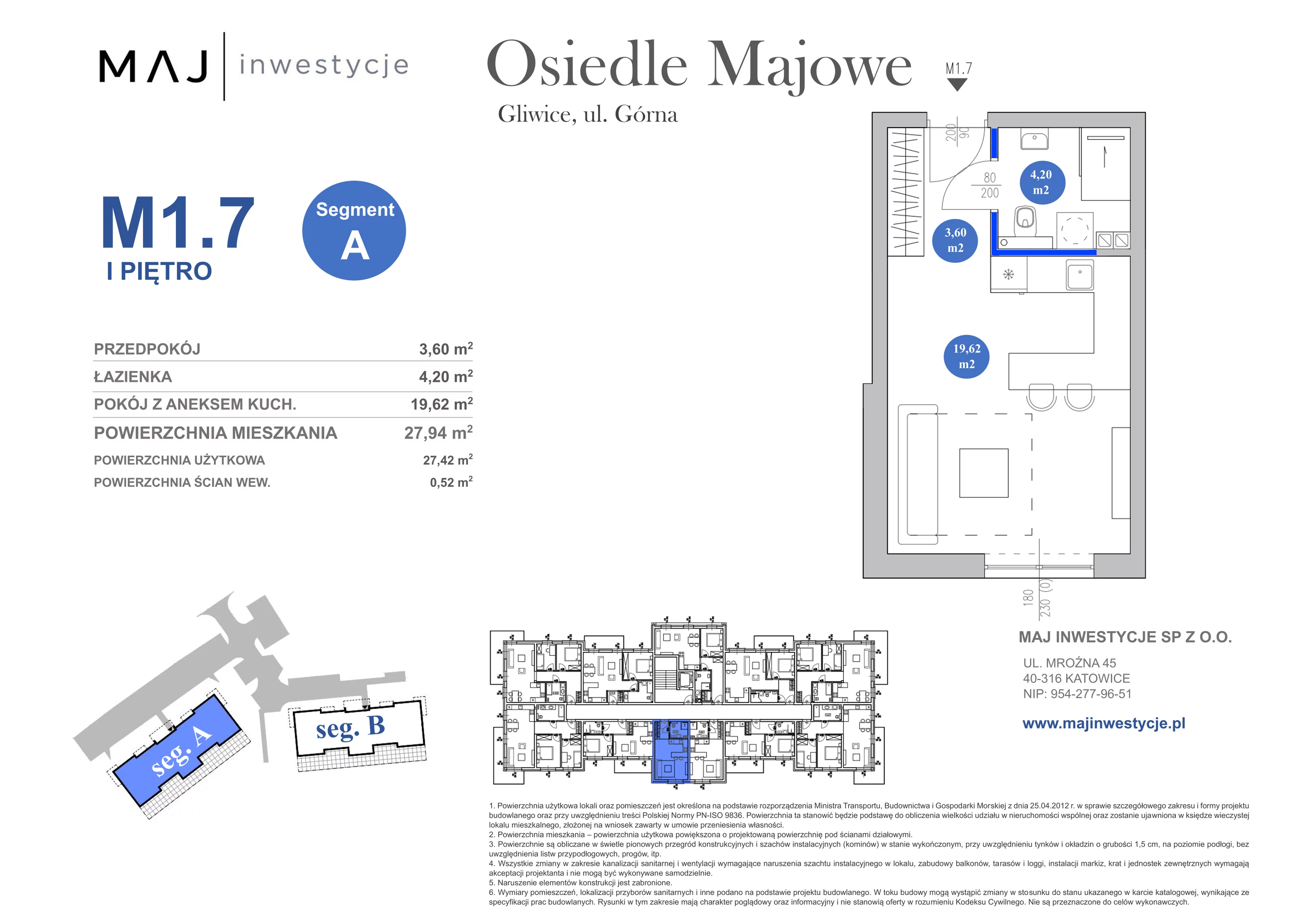 1 pokój, mieszkanie 27,94 m², piętro 1, oferta nr A1.7, Osiedle Majowe 2.0, Gliwice, Ligota Zabrska, ul. Górna 28C