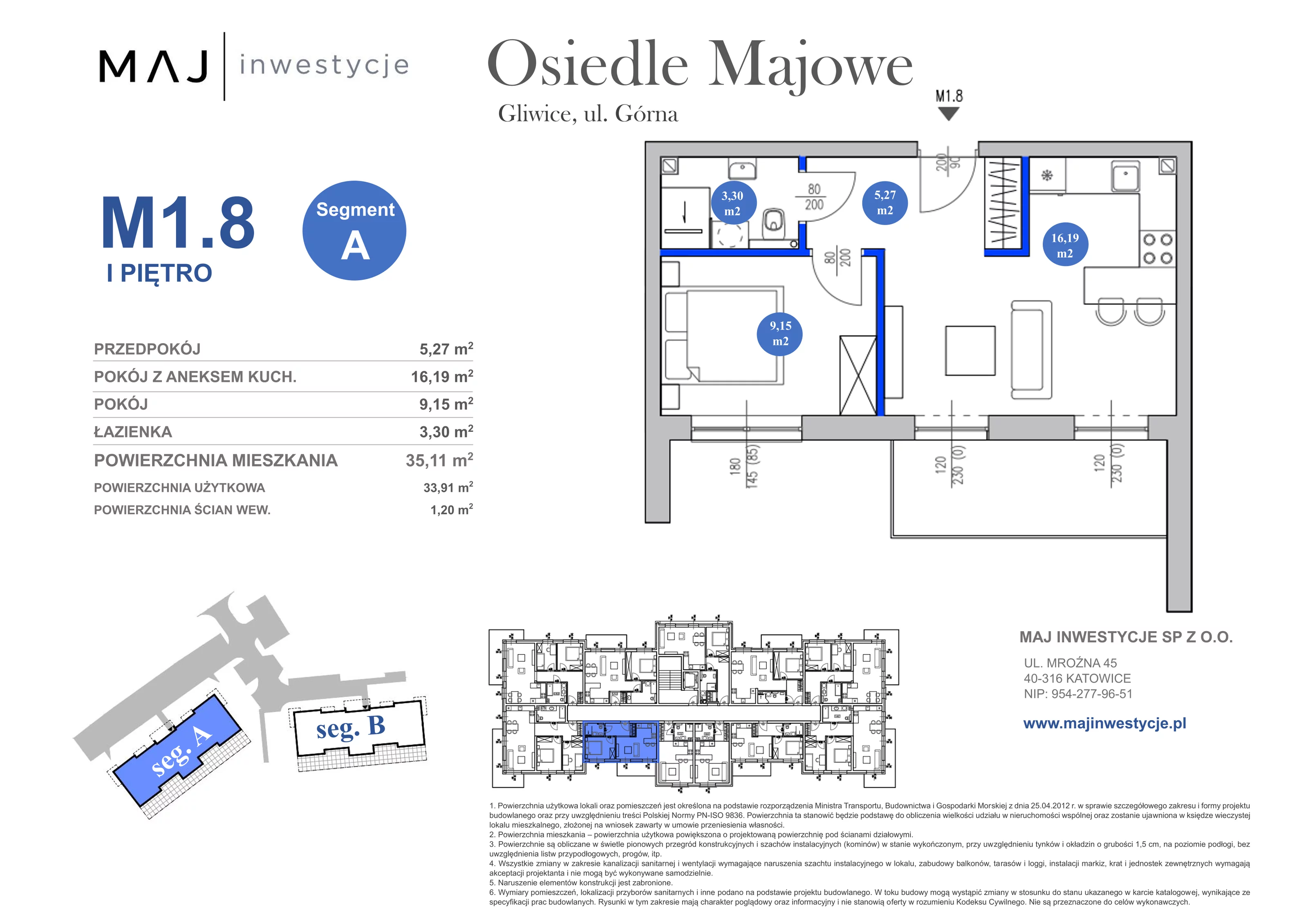 2 pokoje, mieszkanie 35,11 m², piętro 1, oferta nr A1.8, Osiedle Majowe 2.0, Gliwice, Ligota Zabrska, ul. Górna 28C