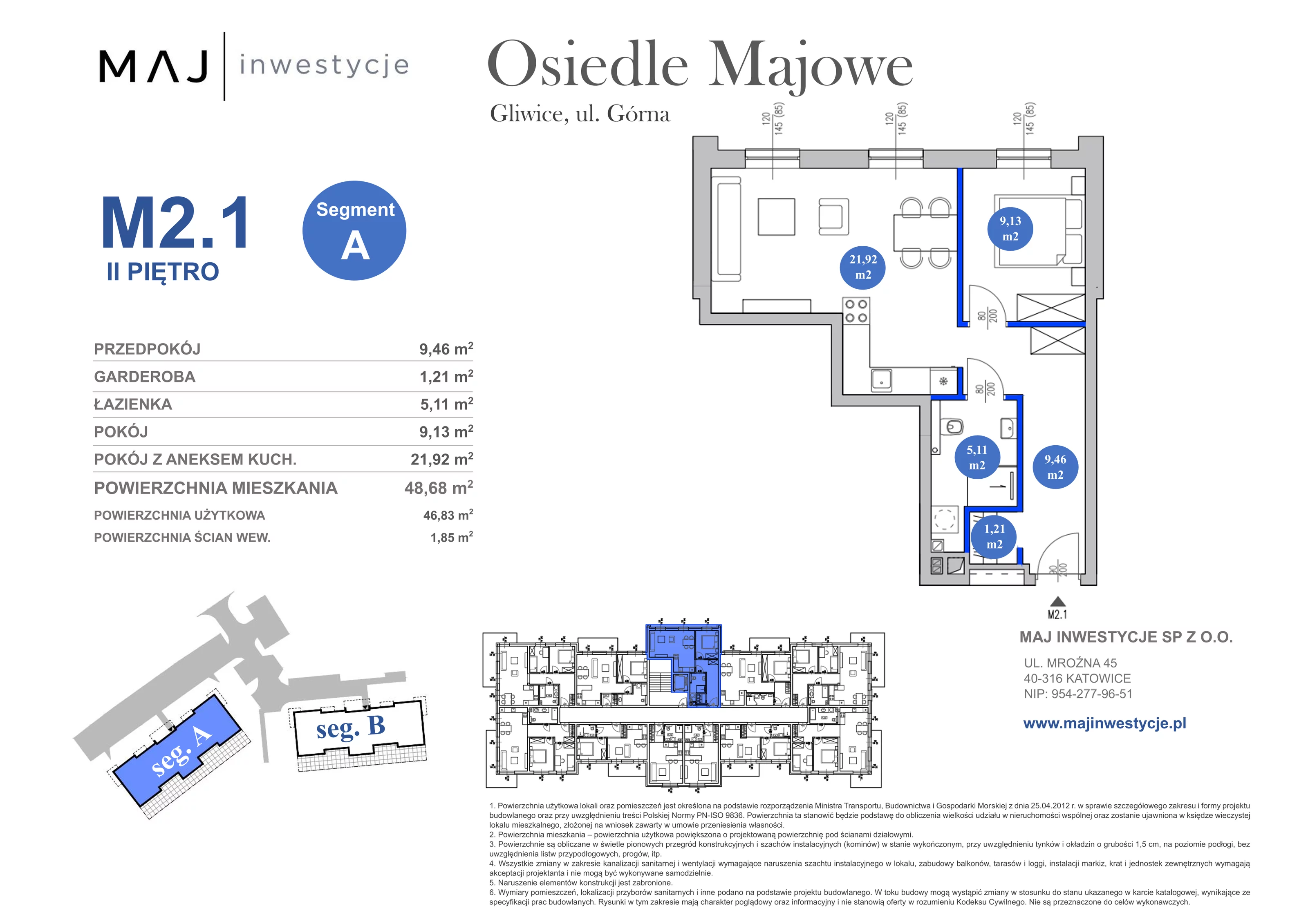 3 pokoje, mieszkanie 48,68 m², piętro 2, oferta nr A2.1, Osiedle Majowe 2.0, Gliwice, Ligota Zabrska, ul. Górna 28C
