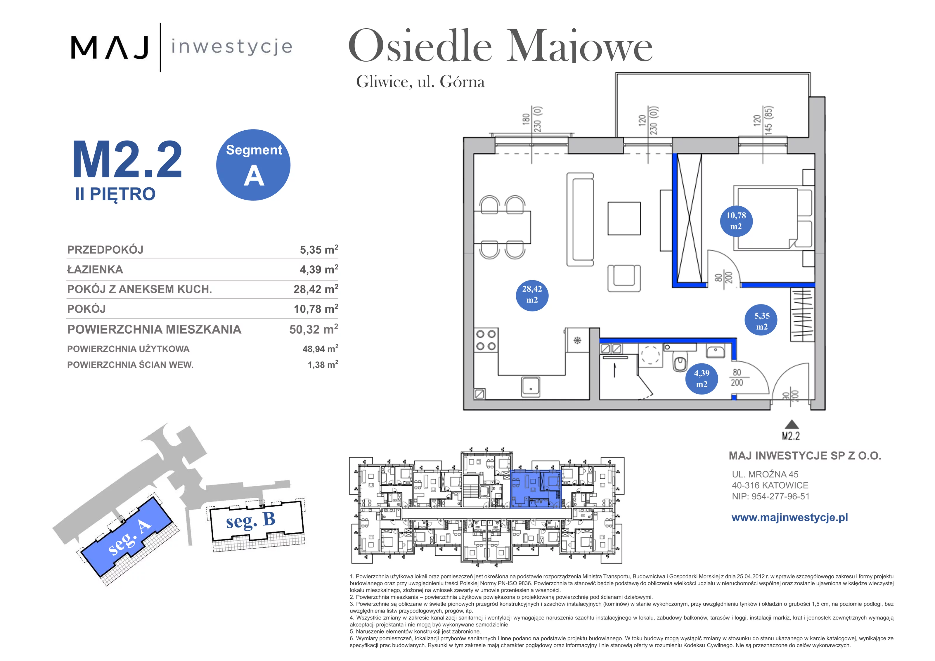 2 pokoje, mieszkanie 50,32 m², piętro 2, oferta nr A2.2, Osiedle Majowe 2.0, Gliwice, Ligota Zabrska, ul. Górna 28C