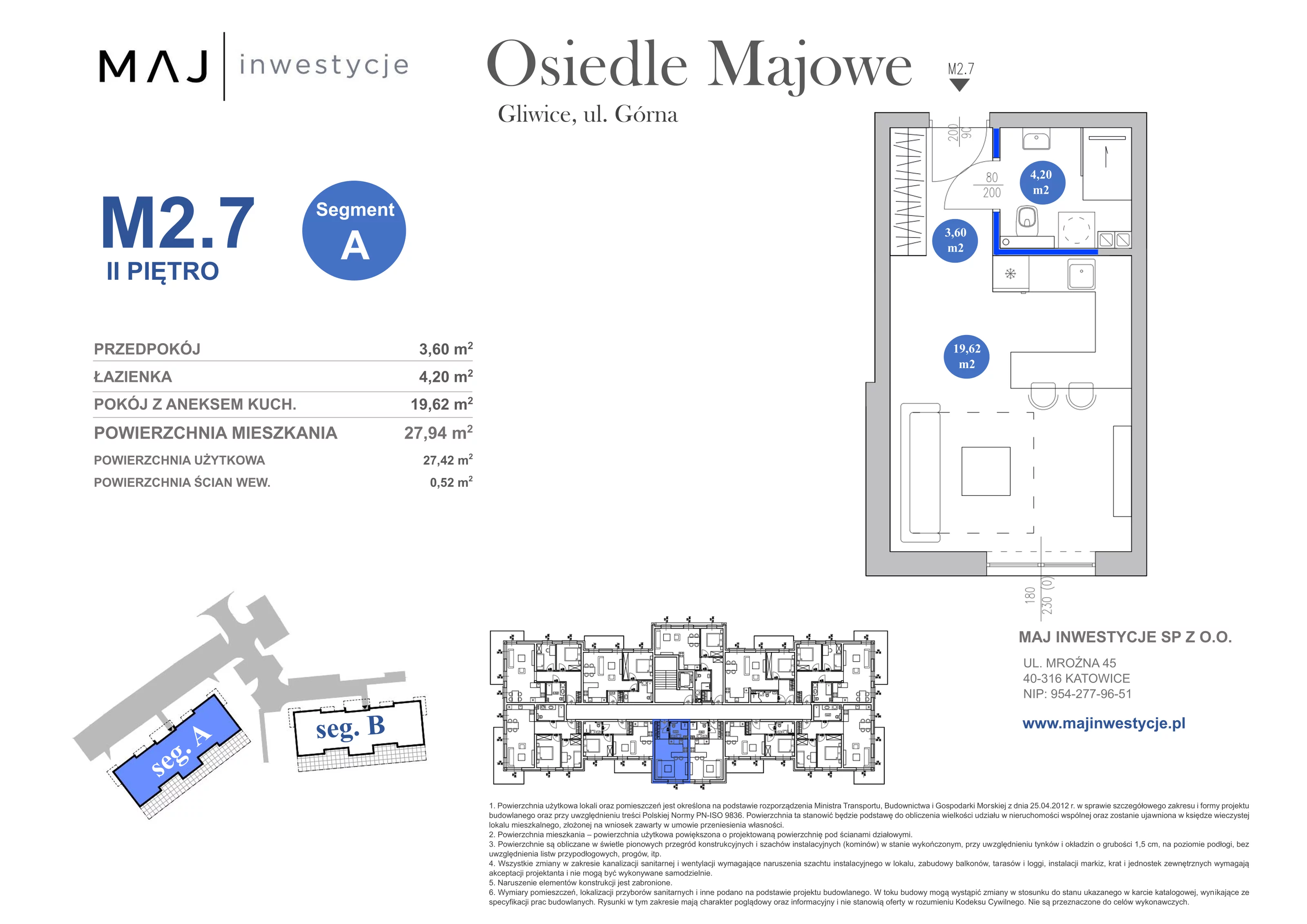 1 pokój, mieszkanie 27,94 m², piętro 2, oferta nr A2.7, Osiedle Majowe 2.0, Gliwice, Ligota Zabrska, ul. Górna 28C