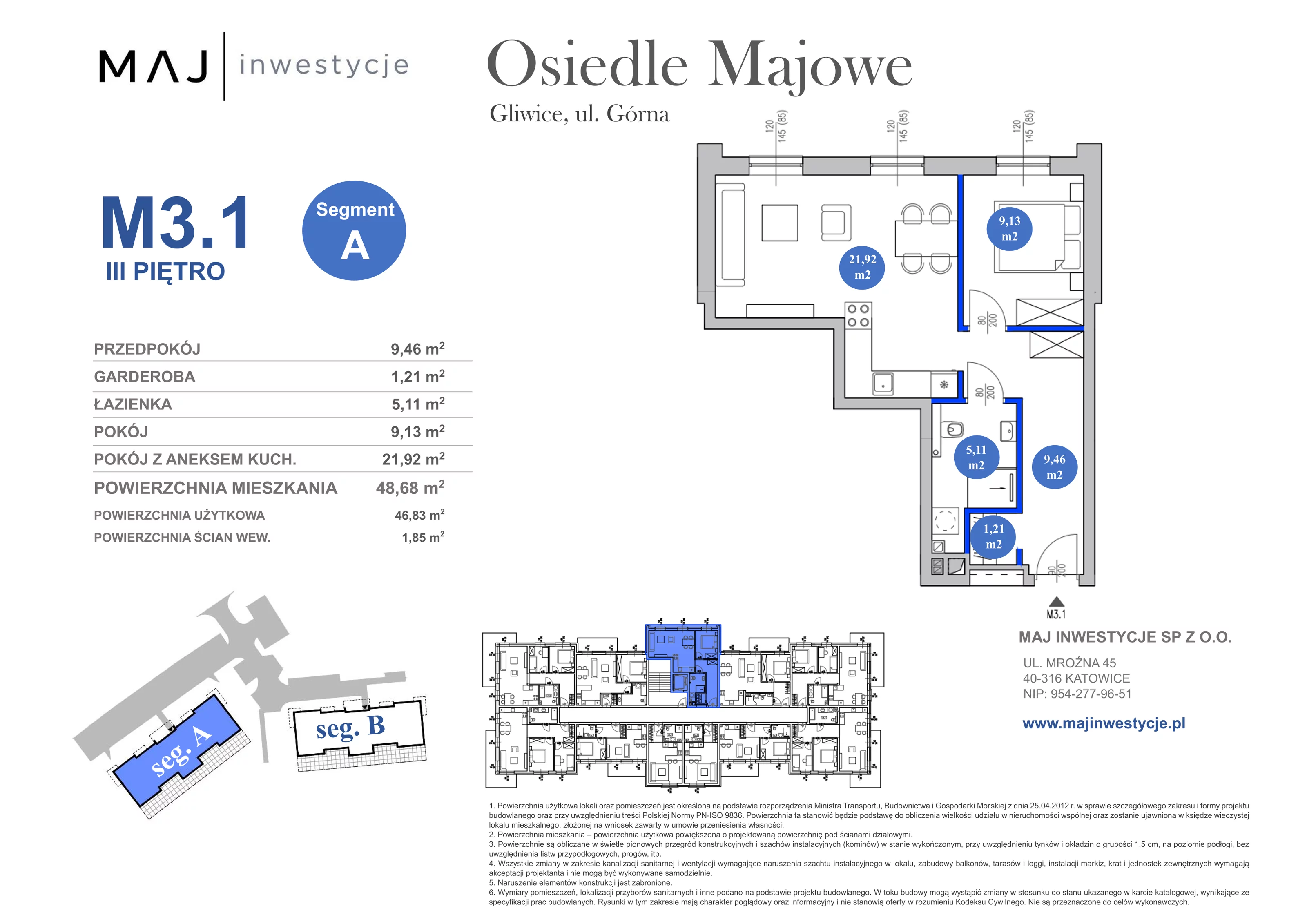 3 pokoje, mieszkanie 48,68 m², piętro 3, oferta nr A3.1, Osiedle Majowe 2.0, Gliwice, Ligota Zabrska, ul. Górna 28C