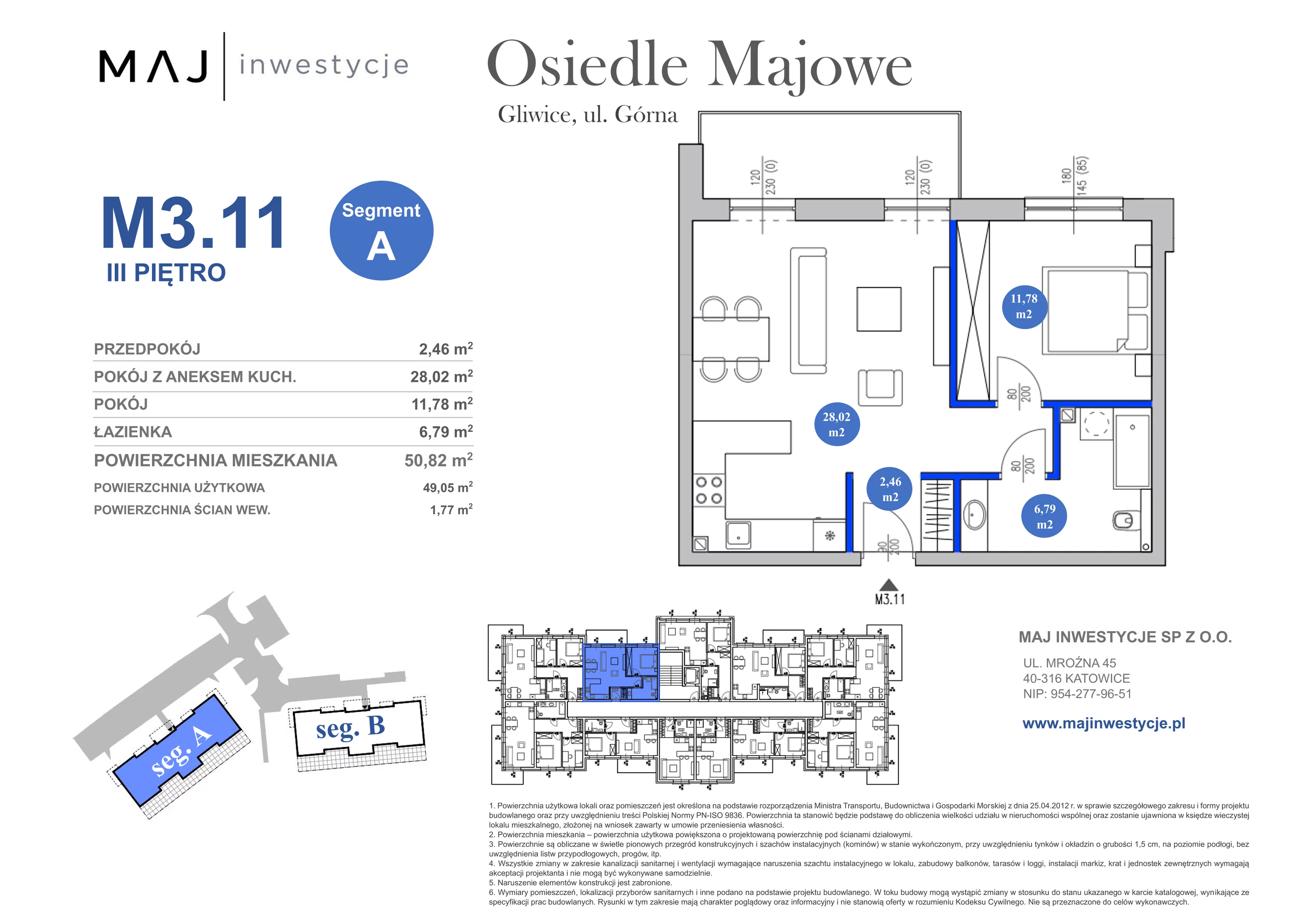 2 pokoje, mieszkanie 50,82 m², piętro 3, oferta nr A3.11, Osiedle Majowe 2.0, Gliwice, Ligota Zabrska, ul. Górna 28C