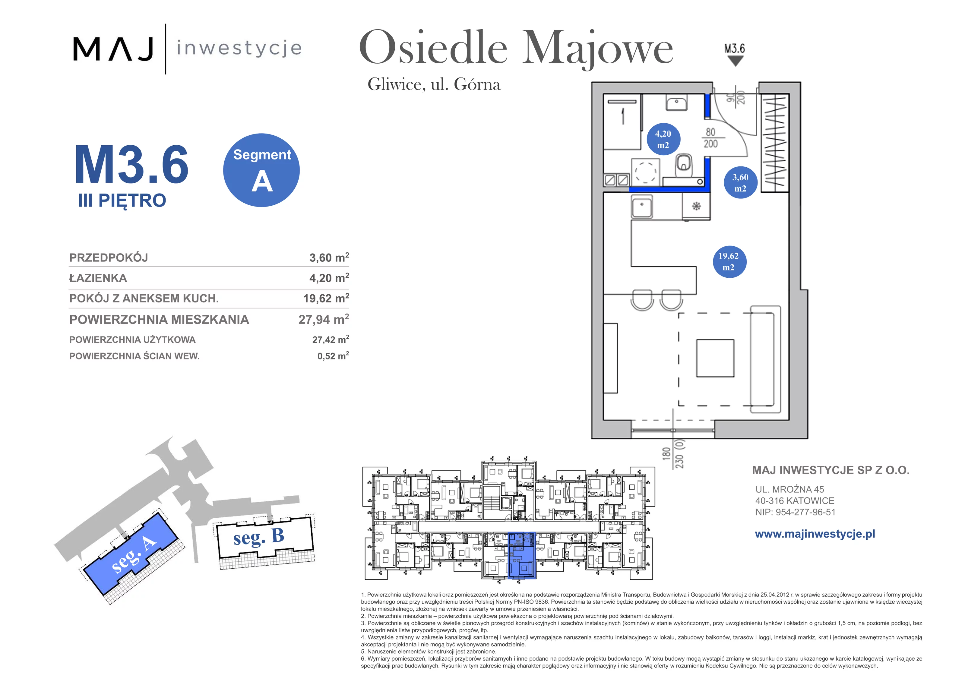 1 pokój, mieszkanie 27,94 m², piętro 3, oferta nr A3.6, Osiedle Majowe 2.0, Gliwice, Ligota Zabrska, ul. Górna 28C