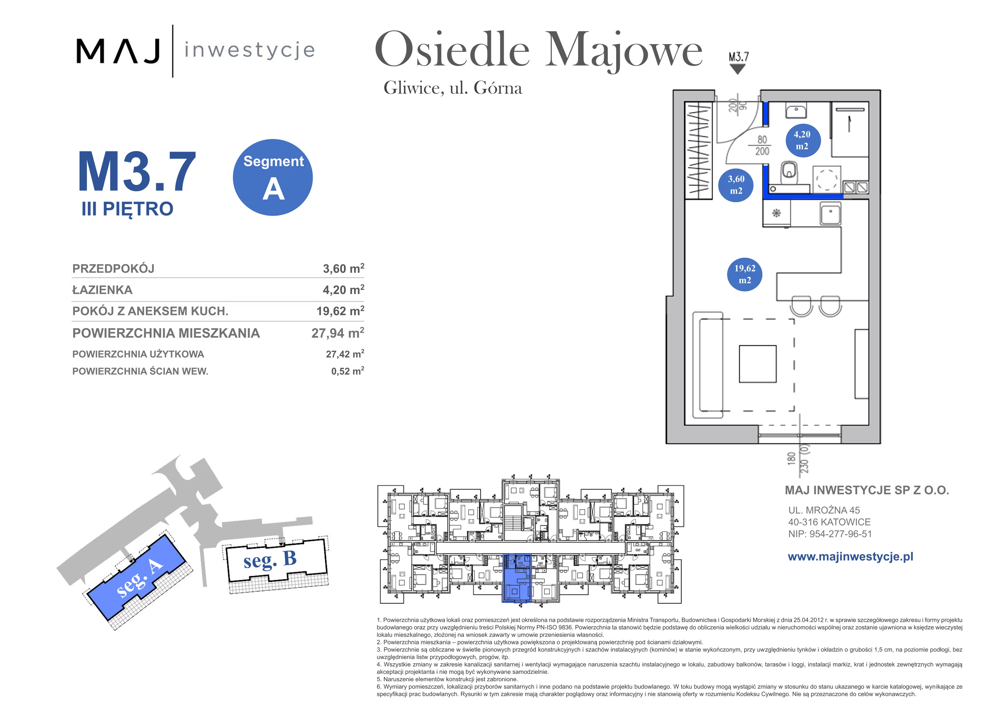 1 pokój, mieszkanie 27,94 m², piętro 3, oferta nr A3.7, Osiedle Majowe 2.0, Gliwice, Ligota Zabrska, ul. Górna 28C