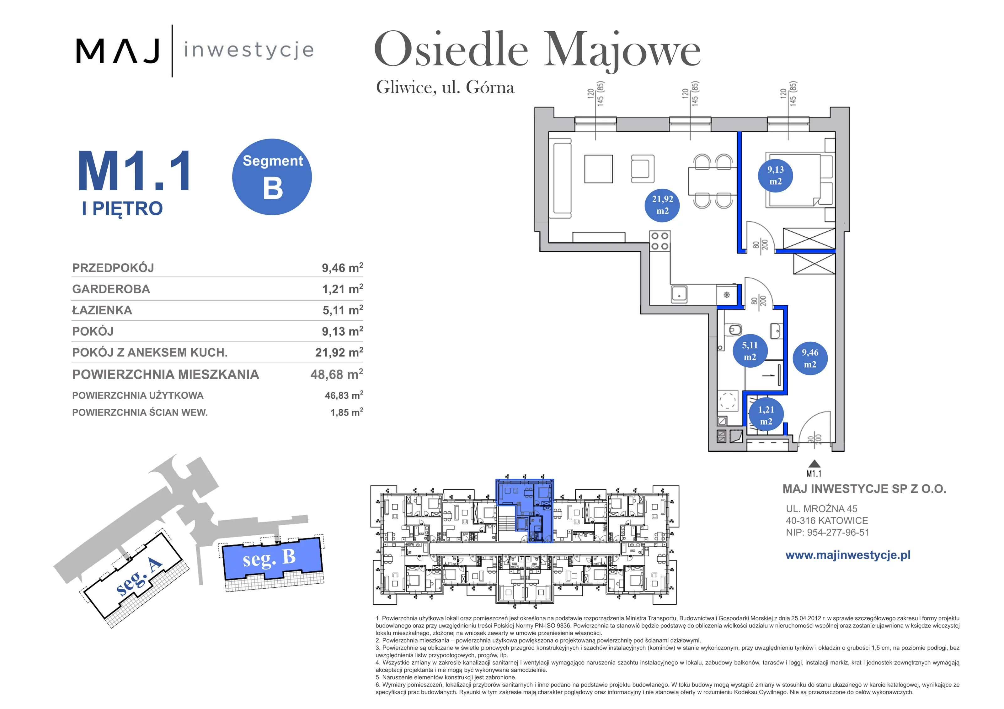 3 pokoje, mieszkanie 48,68 m², piętro 1, oferta nr B1.1, Osiedle Majowe 2.0, Gliwice, Ligota Zabrska, ul. Górna 28C