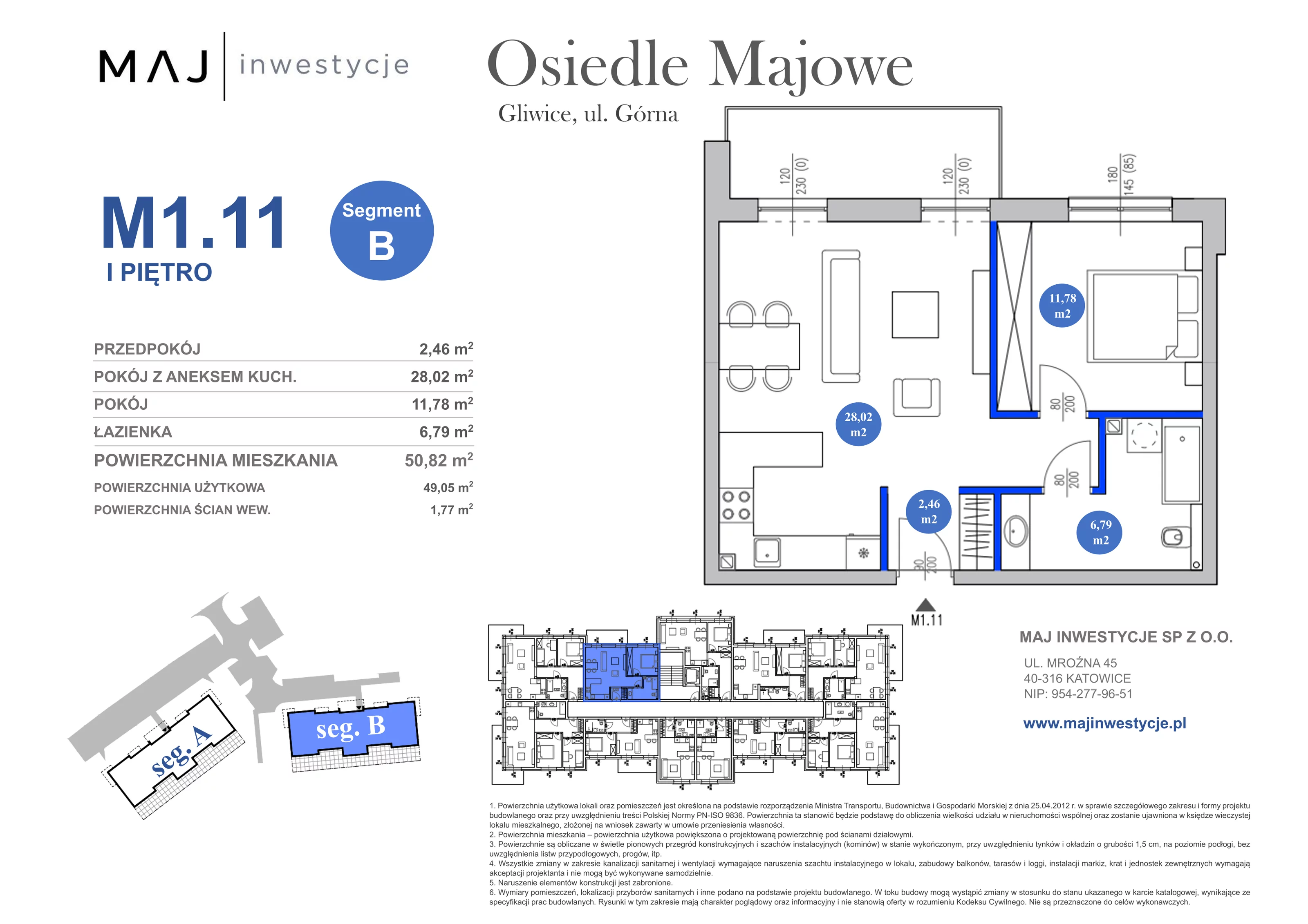 2 pokoje, mieszkanie 50,82 m², piętro 2, oferta nr B1.11, Osiedle Majowe 2.0, Gliwice, Ligota Zabrska, ul. Górna 28C
