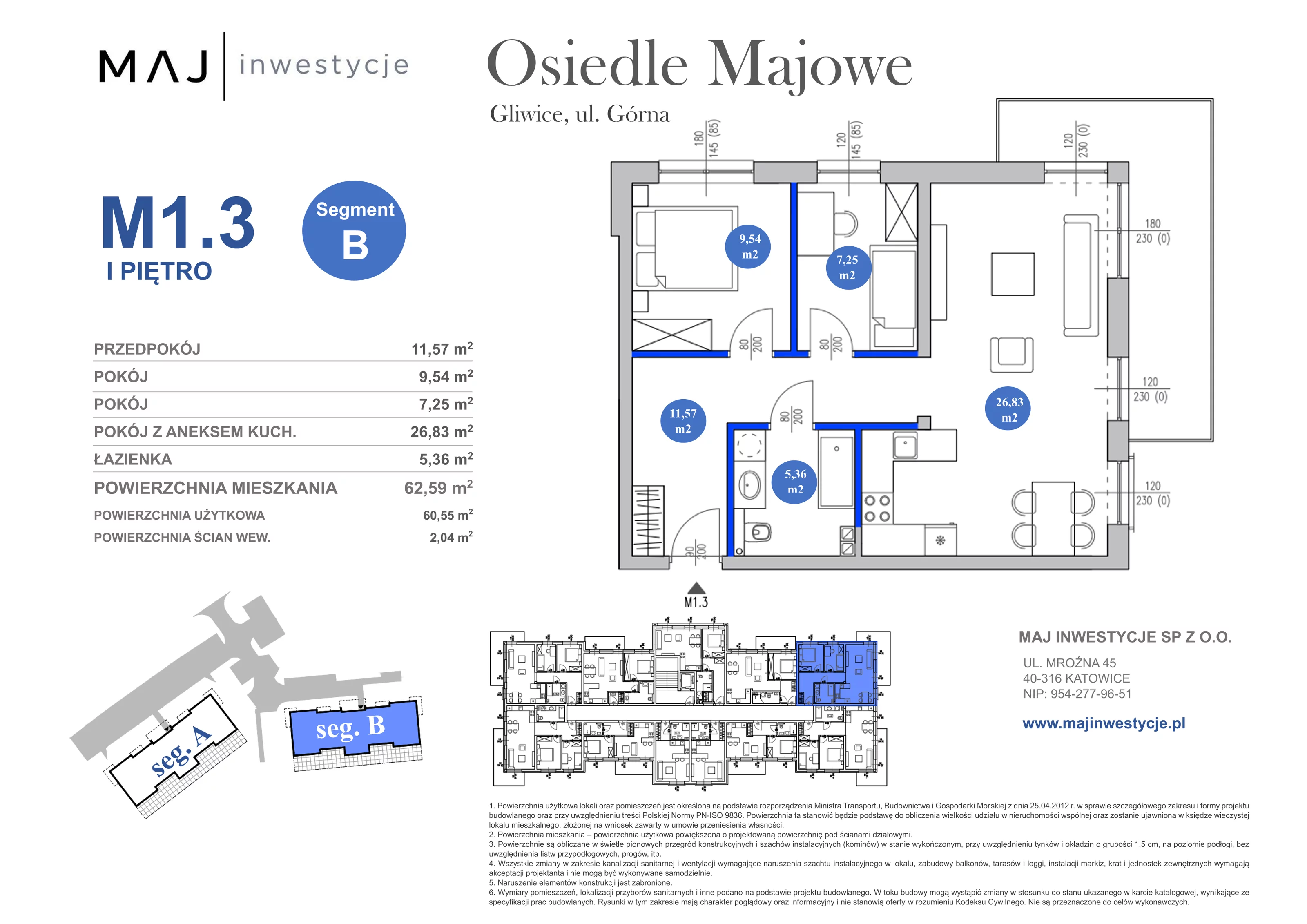 3 pokoje, mieszkanie 62,59 m², piętro 1, oferta nr B1.3, Osiedle Majowe 2.0, Gliwice, Ligota Zabrska, ul. Górna 28C