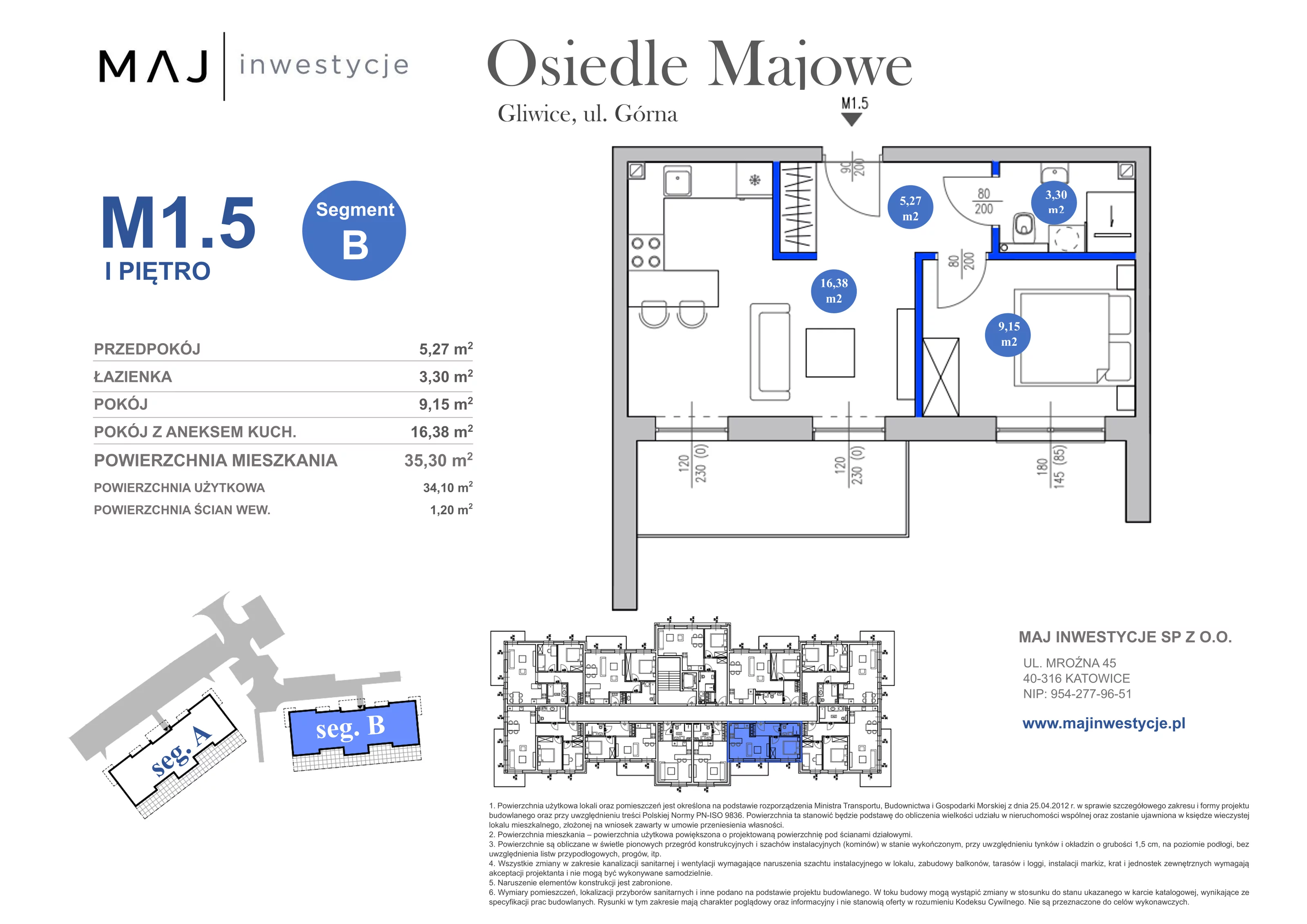 2 pokoje, mieszkanie 35,30 m², piętro 1, oferta nr B1.5, Osiedle Majowe 2.0, Gliwice, Ligota Zabrska, ul. Górna 28C