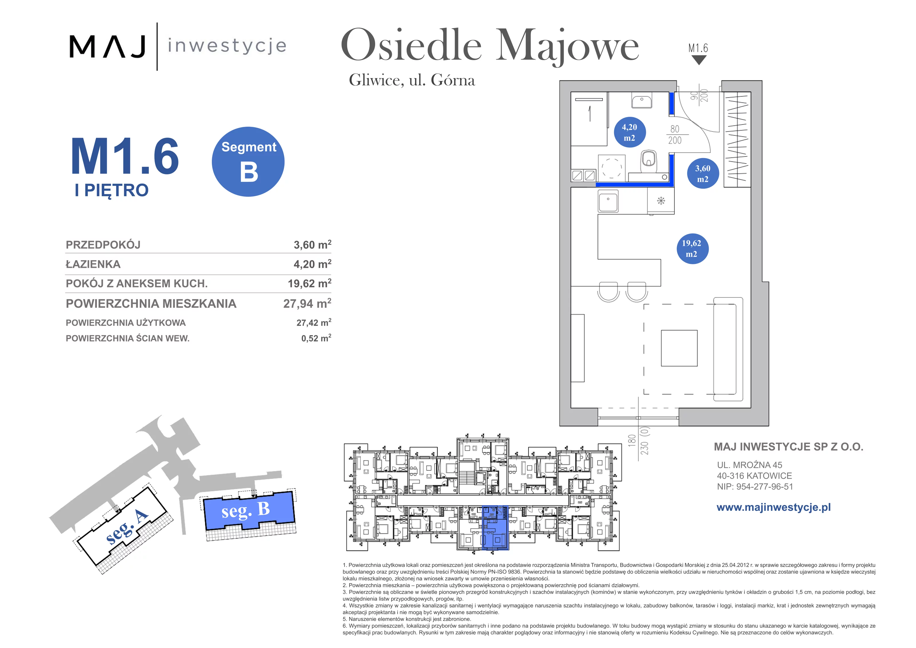 1 pokój, mieszkanie 27,94 m², piętro 1, oferta nr B1.6, Osiedle Majowe 2.0, Gliwice, Ligota Zabrska, ul. Górna 28C