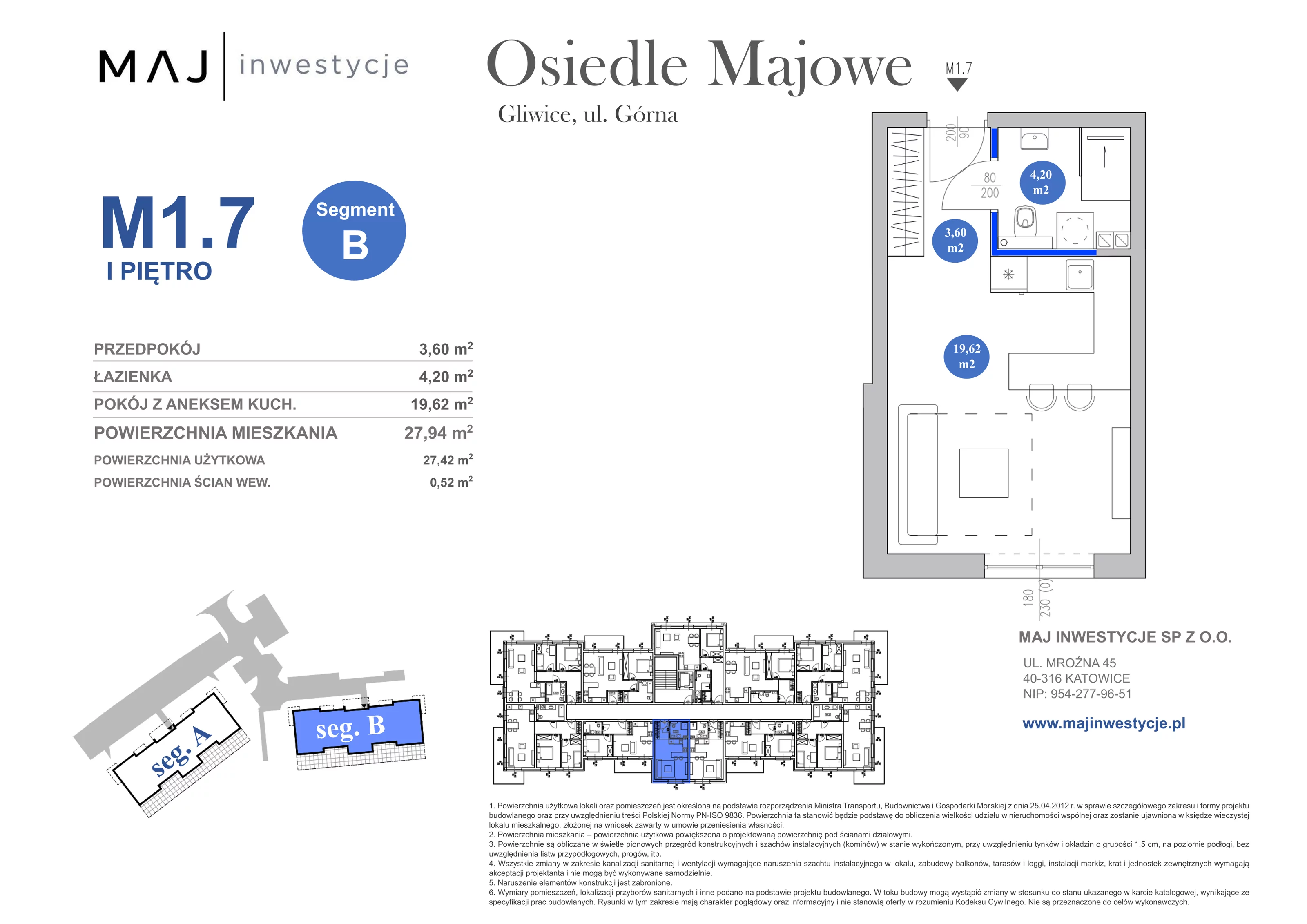 1 pokój, mieszkanie 27,94 m², piętro 1, oferta nr B1.7, Osiedle Majowe 2.0, Gliwice, Ligota Zabrska, ul. Górna 28C