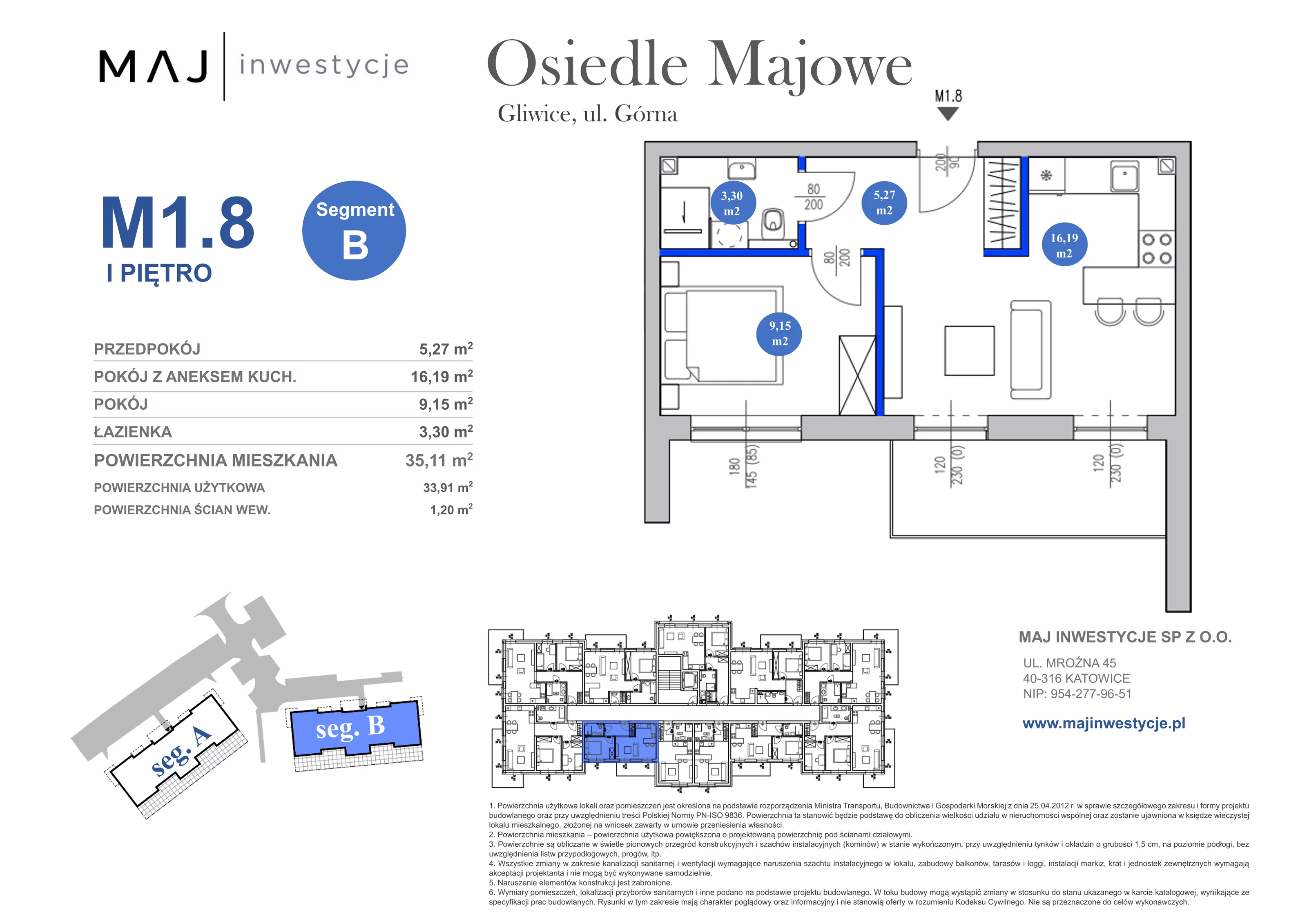 2 pokoje, mieszkanie 35,11 m², piętro 1, oferta nr B1.8, Osiedle Majowe 2.0, Gliwice, Ligota Zabrska, ul. Górna 28C