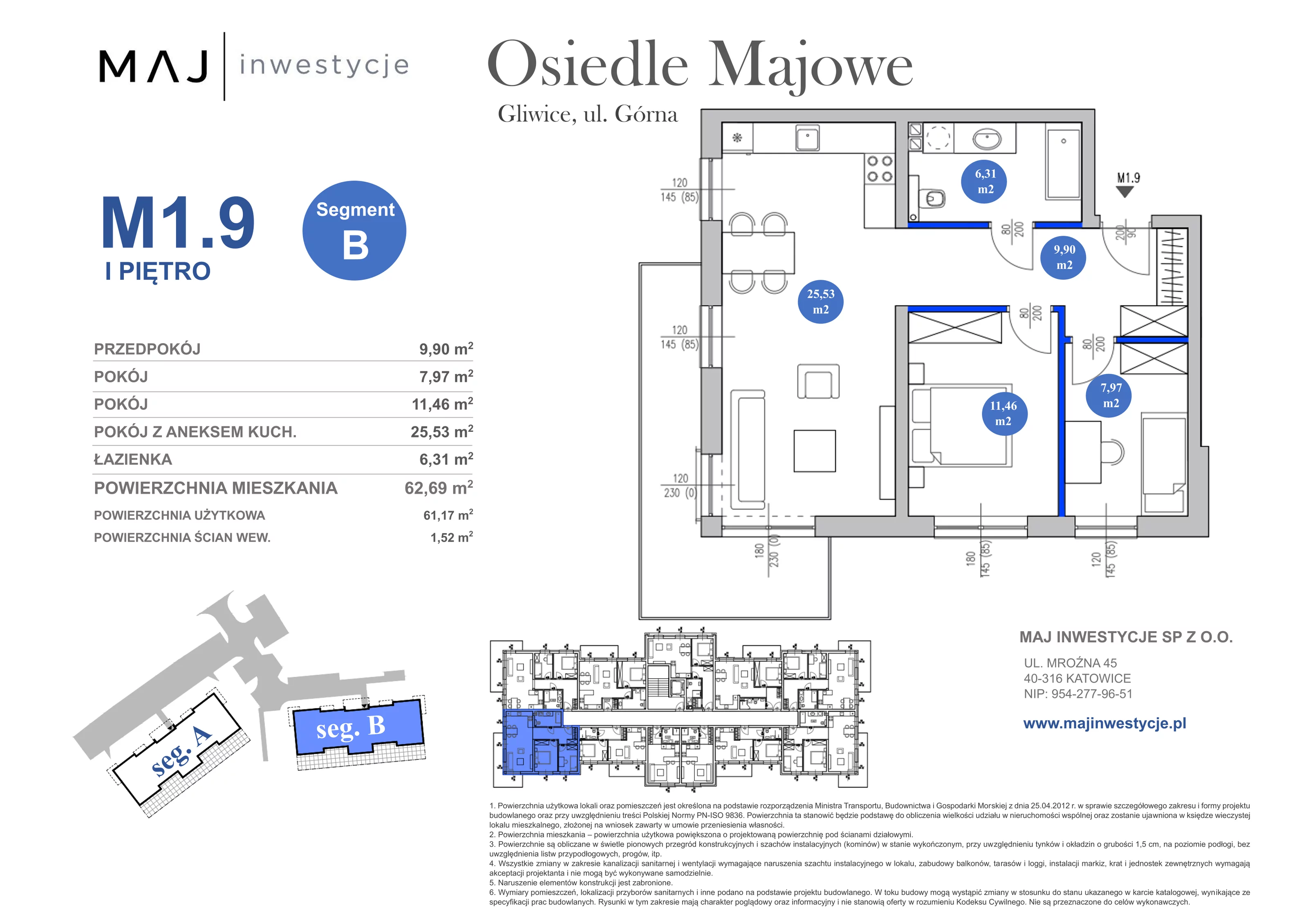 3 pokoje, mieszkanie 62,69 m², piętro 1, oferta nr B1.9, Osiedle Majowe 2.0, Gliwice, Ligota Zabrska, ul. Górna 28C