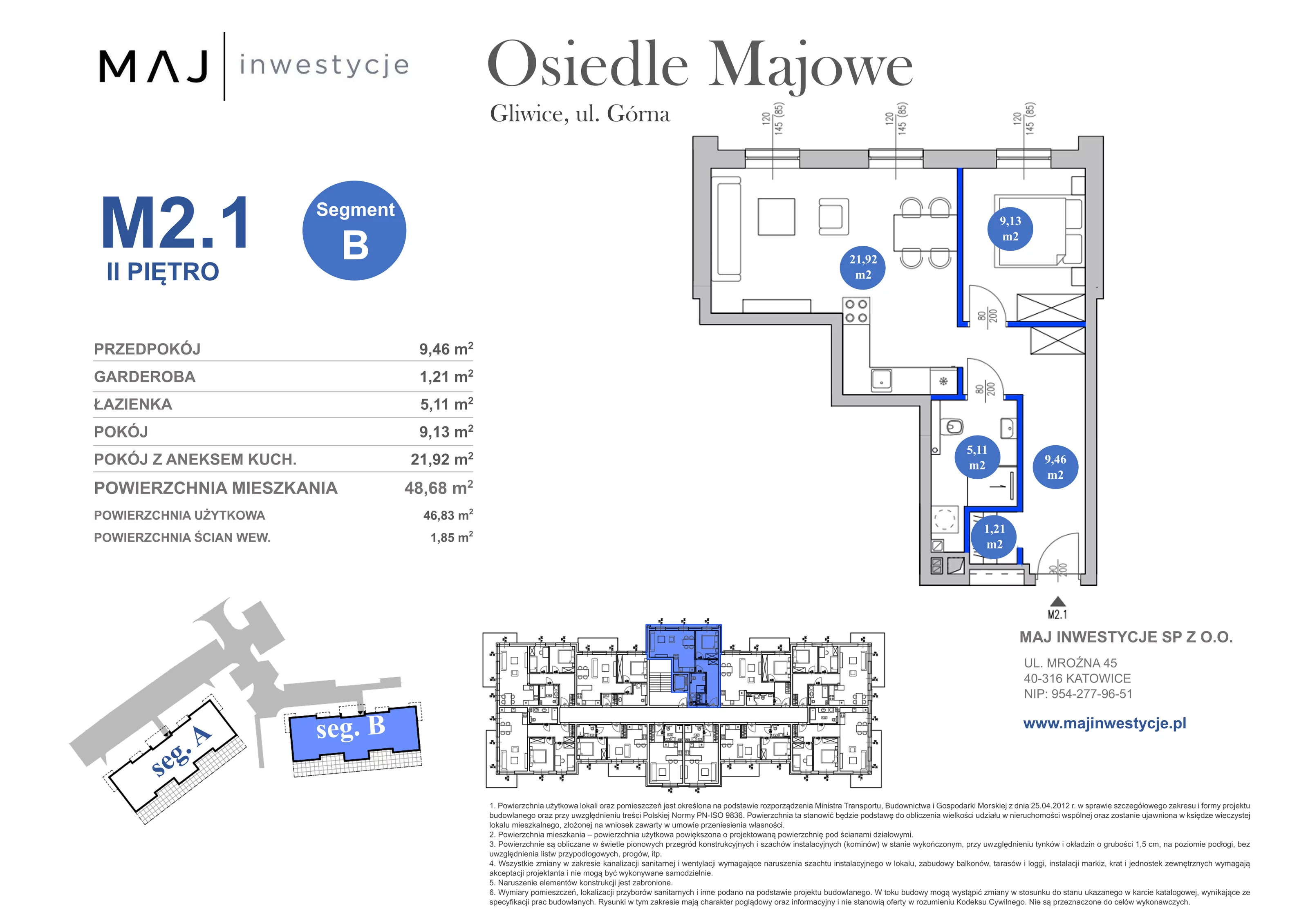 3 pokoje, mieszkanie 48,68 m², piętro 2, oferta nr B2.1, Osiedle Majowe 2.0, Gliwice, Ligota Zabrska, ul. Górna 28C