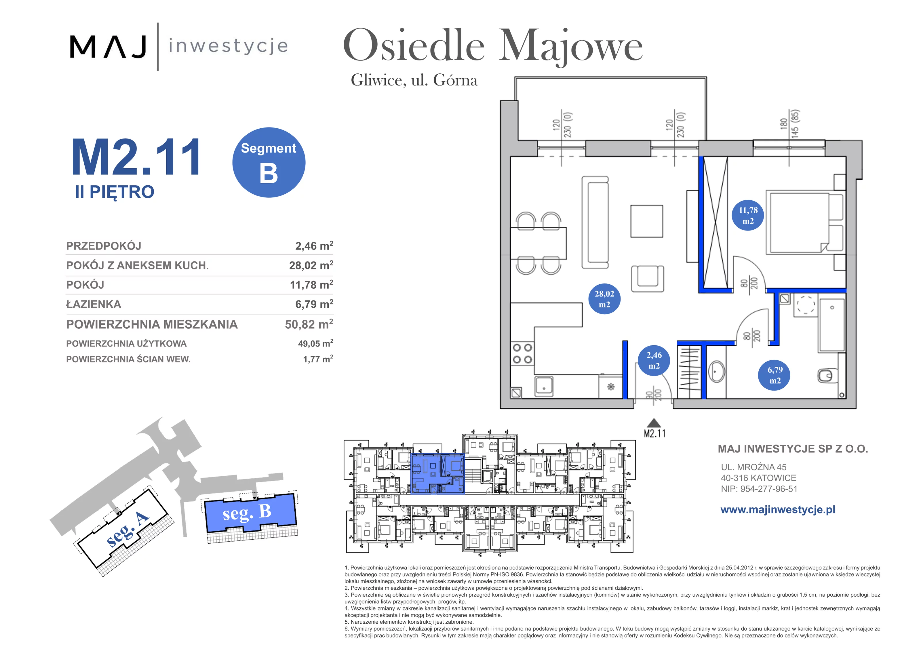2 pokoje, mieszkanie 50,82 m², piętro 3, oferta nr B2.11, Osiedle Majowe 2.0, Gliwice, Ligota Zabrska, ul. Górna 28C