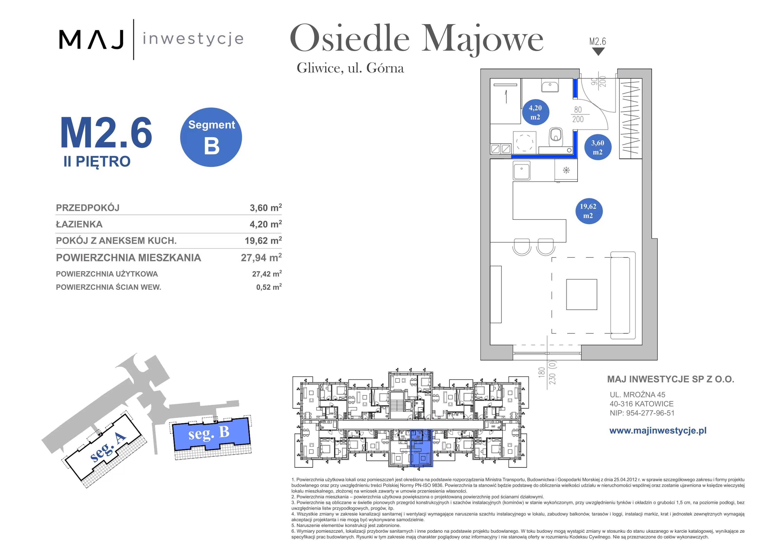 1 pokój, mieszkanie 27,94 m², piętro 2, oferta nr B2.6, Osiedle Majowe 2.0, Gliwice, Ligota Zabrska, ul. Górna 28C