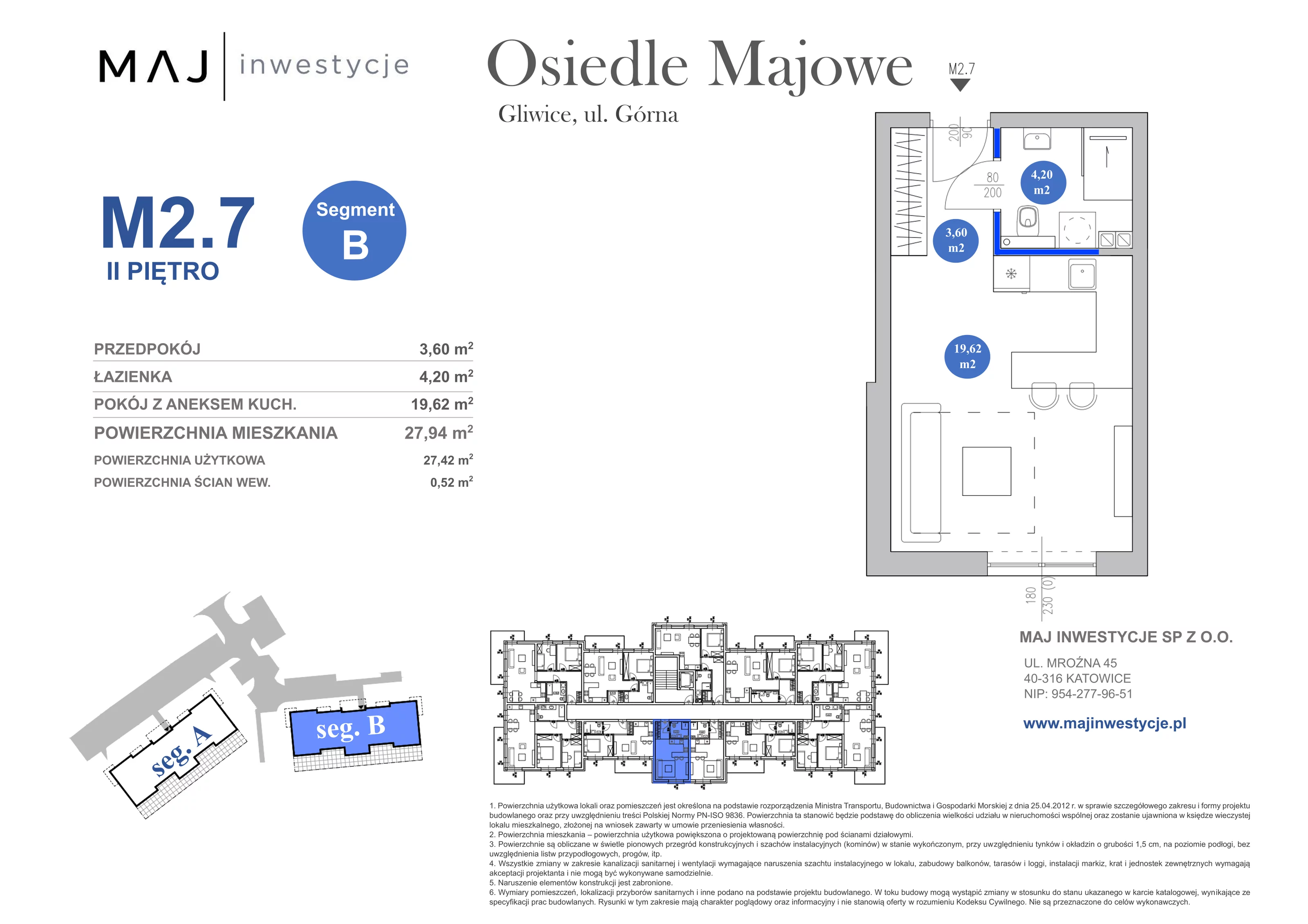 1 pokój, mieszkanie 27,94 m², piętro 2, oferta nr B2.7, Osiedle Majowe 2.0, Gliwice, Ligota Zabrska, ul. Górna 28C
