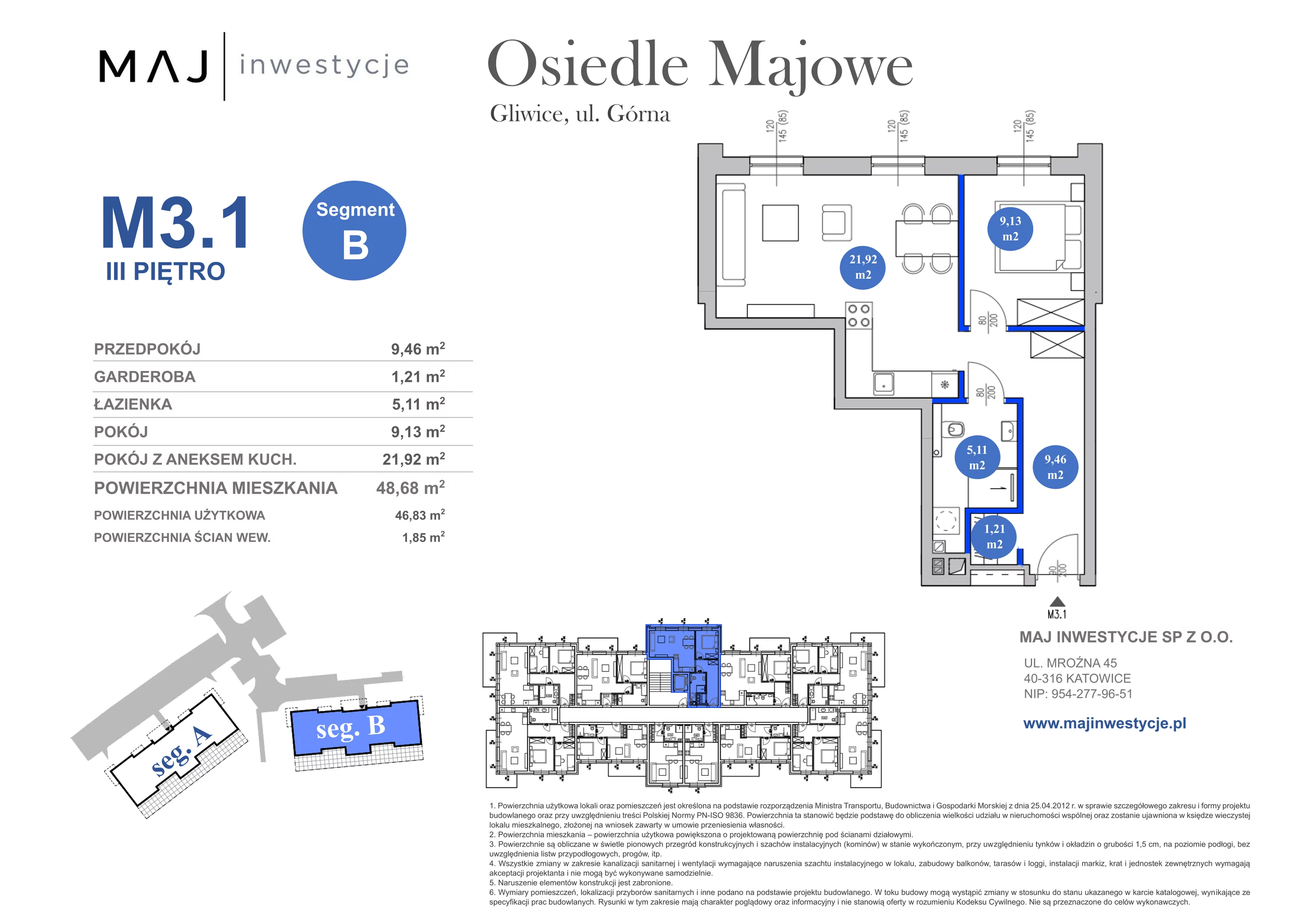 3 pokoje, mieszkanie 48,68 m², piętro 3, oferta nr B3.1, Osiedle Majowe 2.0, Gliwice, Ligota Zabrska, ul. Górna 28C