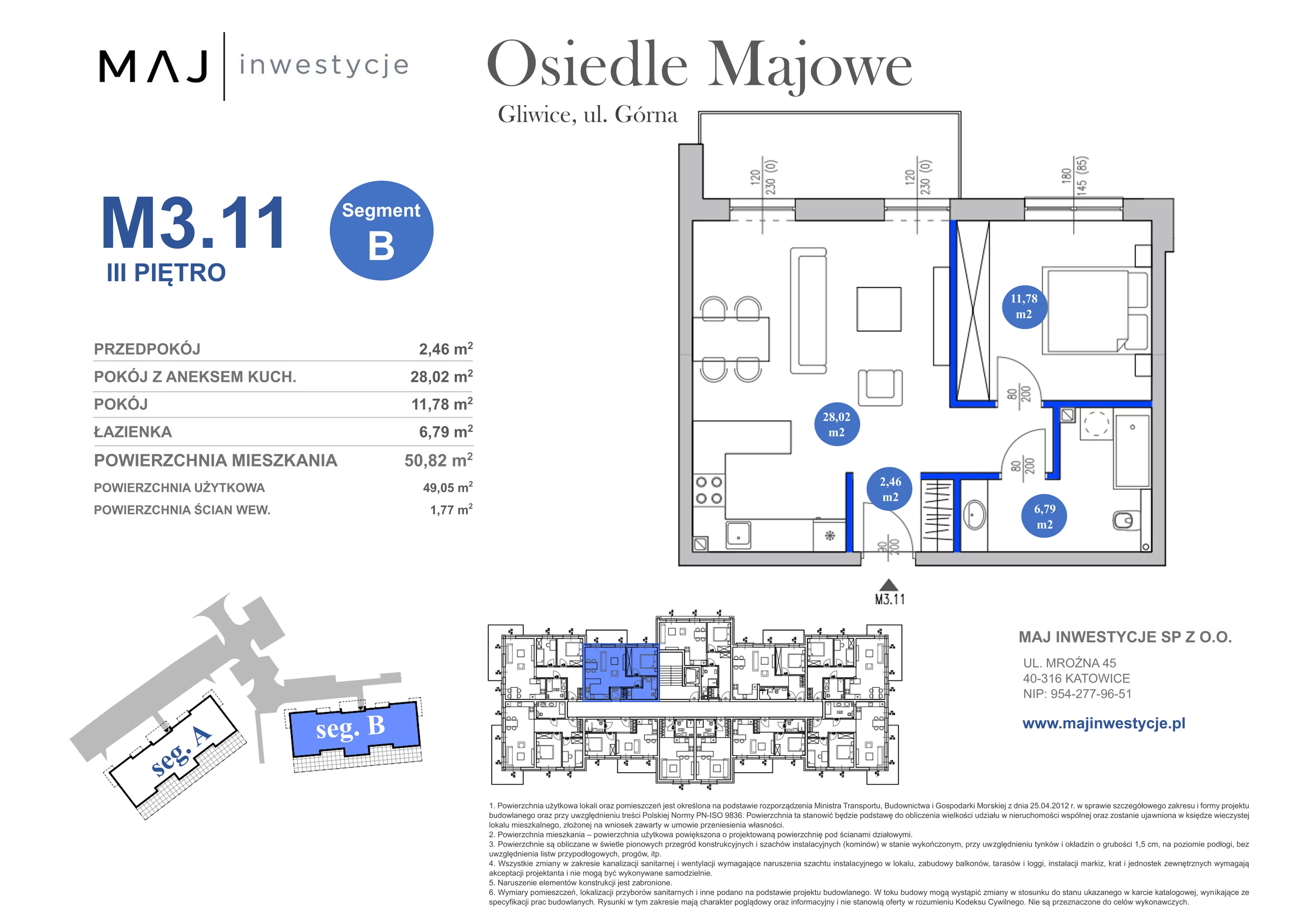 2 pokoje, mieszkanie 50,82 m², piętro 3, oferta nr B3.11, Osiedle Majowe 2.0, Gliwice, Ligota Zabrska, ul. Górna 28C
