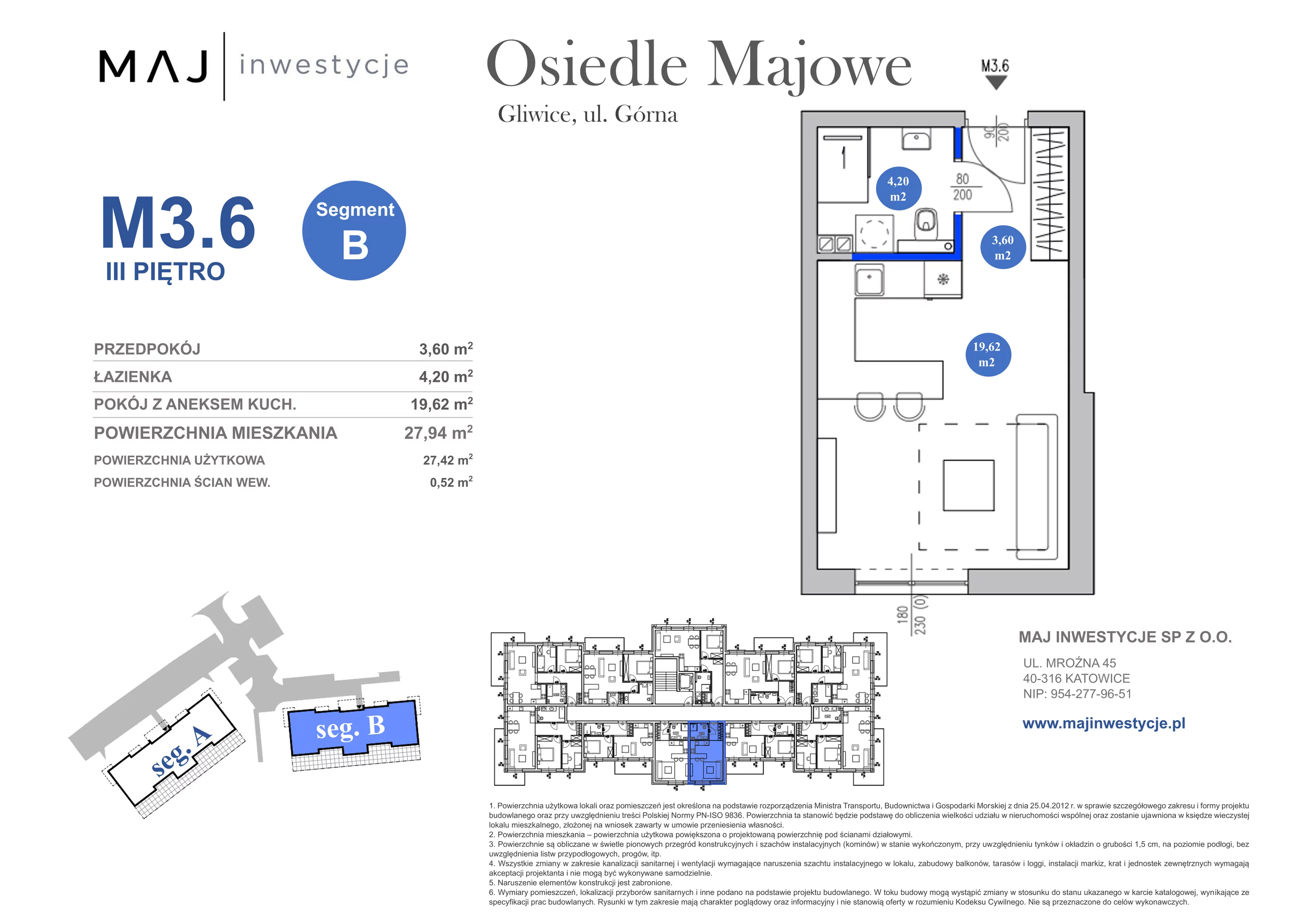 1 pokój, mieszkanie 27,94 m², piętro 3, oferta nr B3.6, Osiedle Majowe 2.0, Gliwice, Ligota Zabrska, ul. Górna 28C