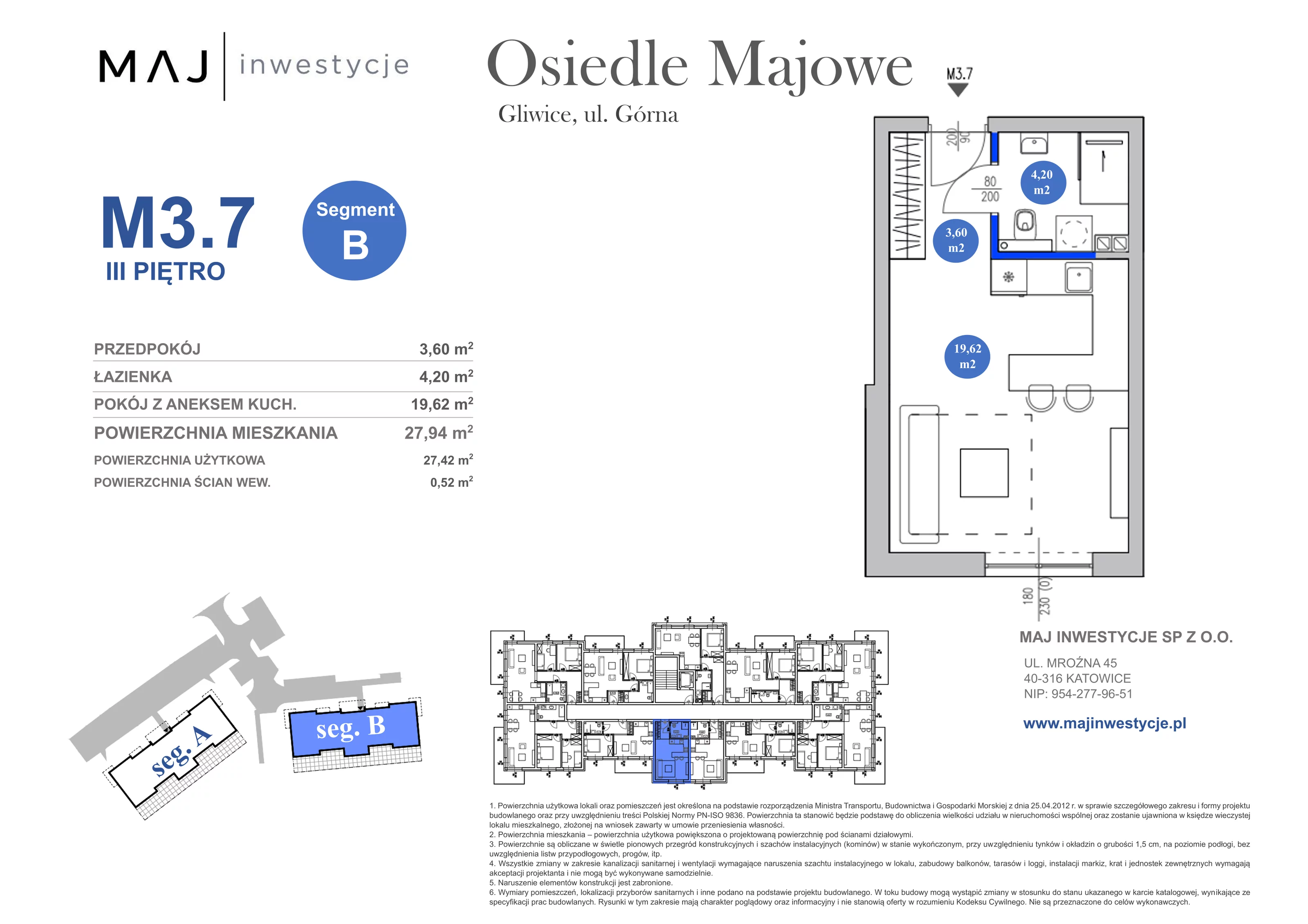 1 pokój, mieszkanie 27,94 m², piętro 3, oferta nr B3.7, Osiedle Majowe 2.0, Gliwice, Ligota Zabrska, ul. Górna 28C