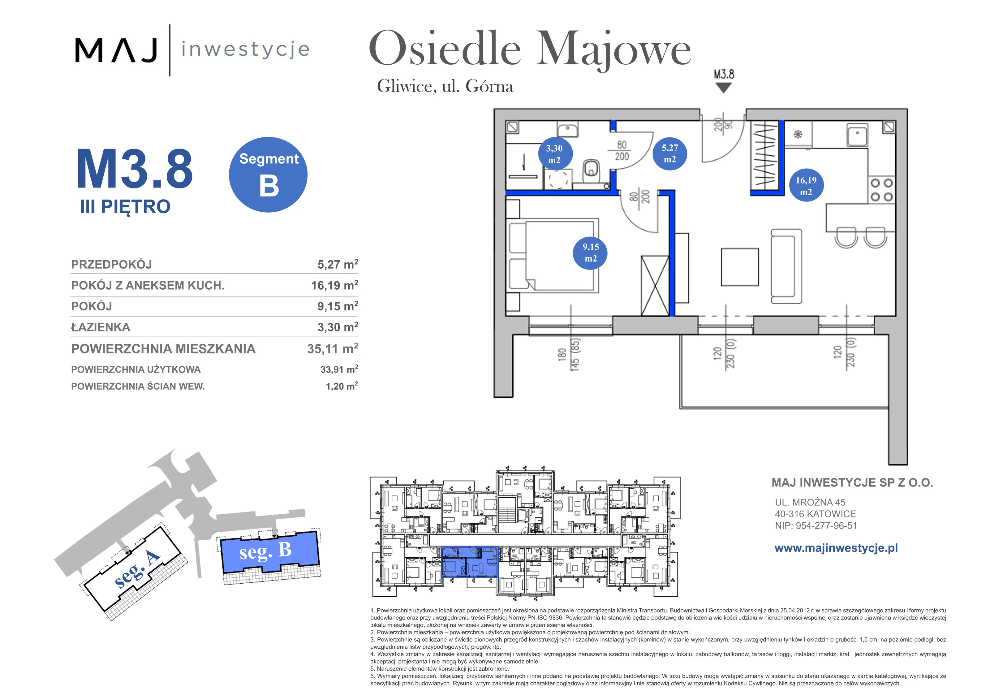 2 pokoje, mieszkanie 35,11 m², piętro 3, oferta nr B3.8, Osiedle Majowe 2.0, Gliwice, Ligota Zabrska, ul. Górna 28C