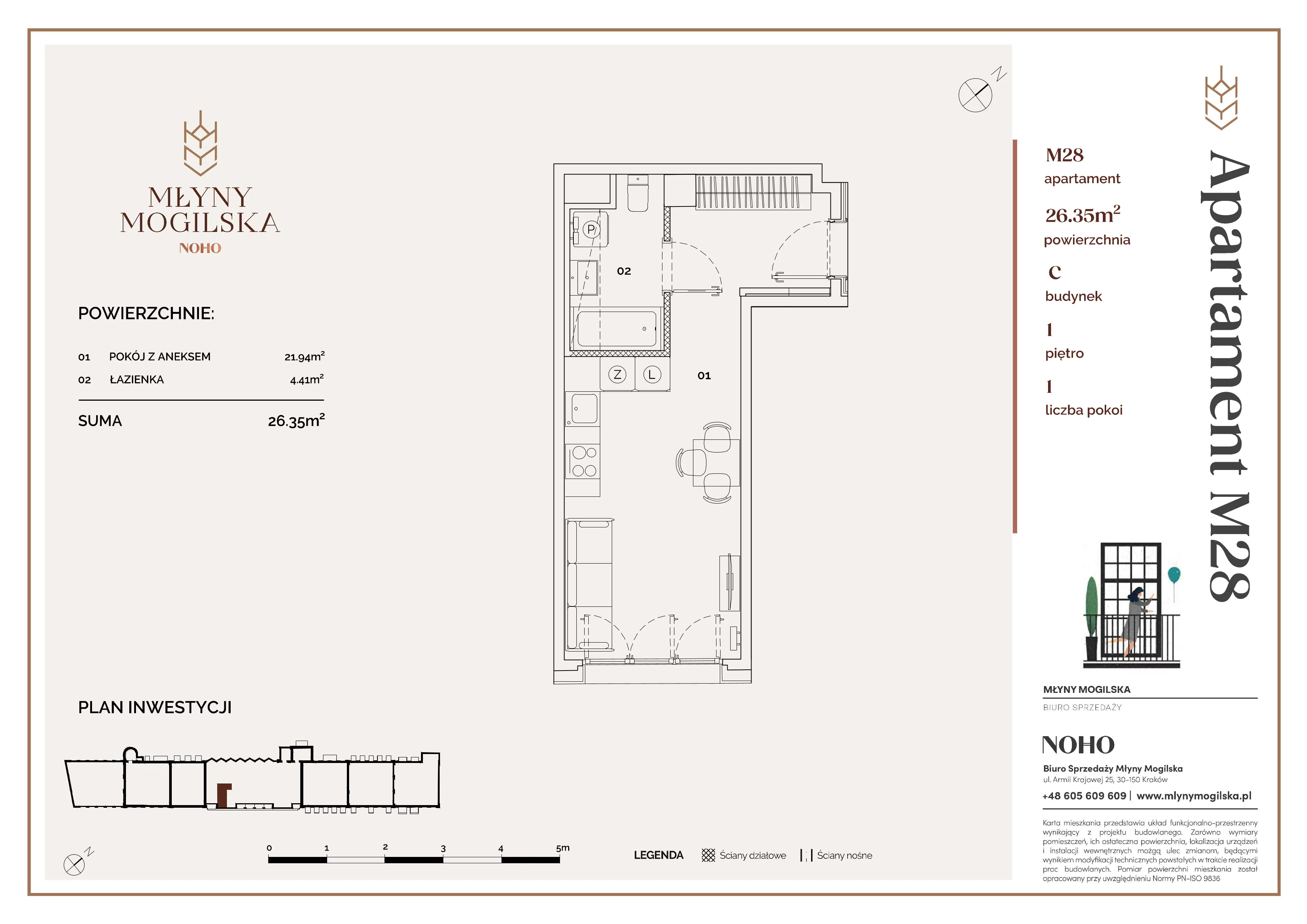 1 pokój, mieszkanie 26,35 m², piętro 1, oferta nr C/28, Młyny Mogilska, Kraków, Prądnik Czerwony, Rakowice, ul. Mogilska