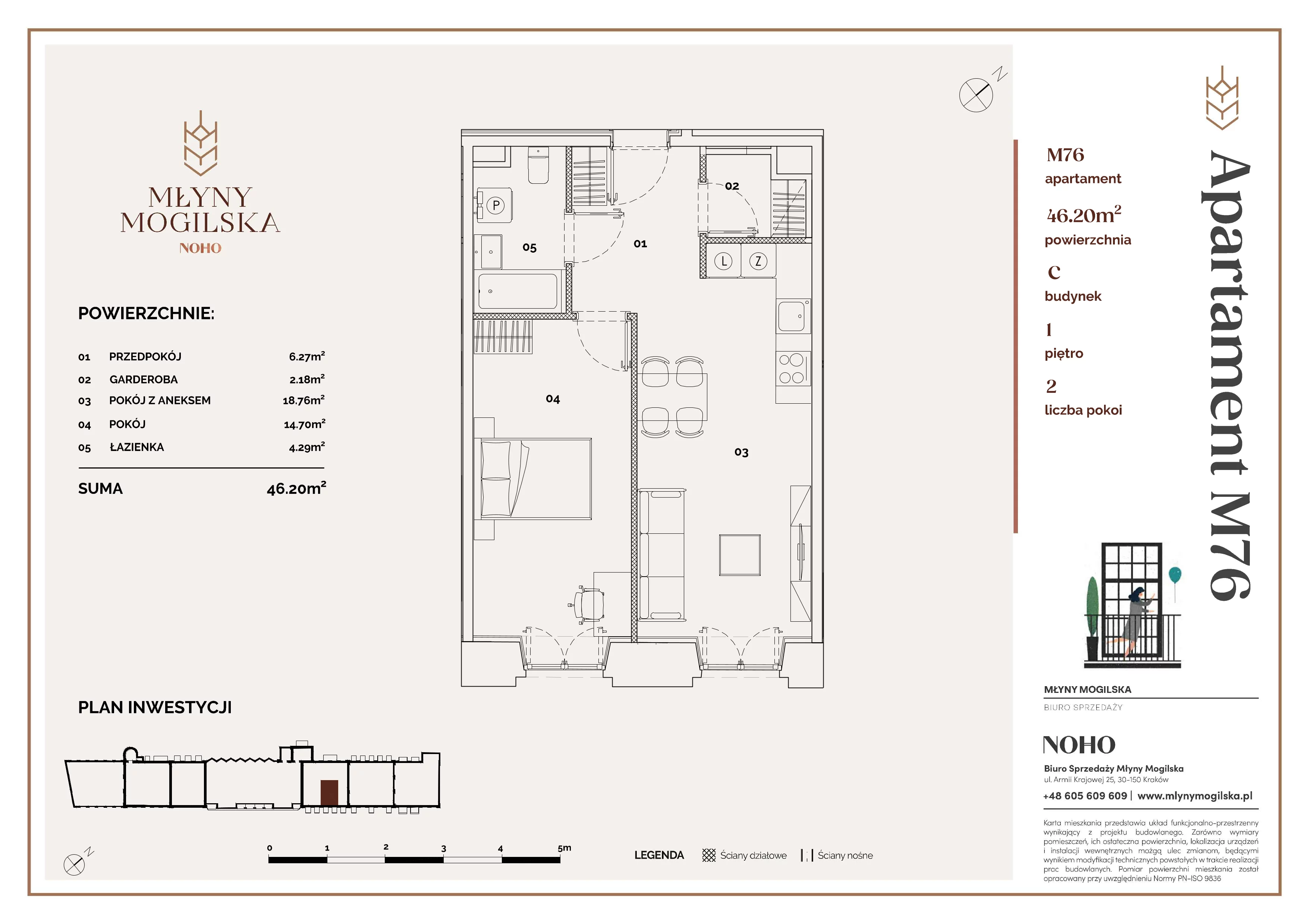 2 pokoje, mieszkanie 46,20 m², piętro 1, oferta nr C/76, Młyny Mogilska, Kraków, Prądnik Czerwony, Rakowice, ul. Mogilska