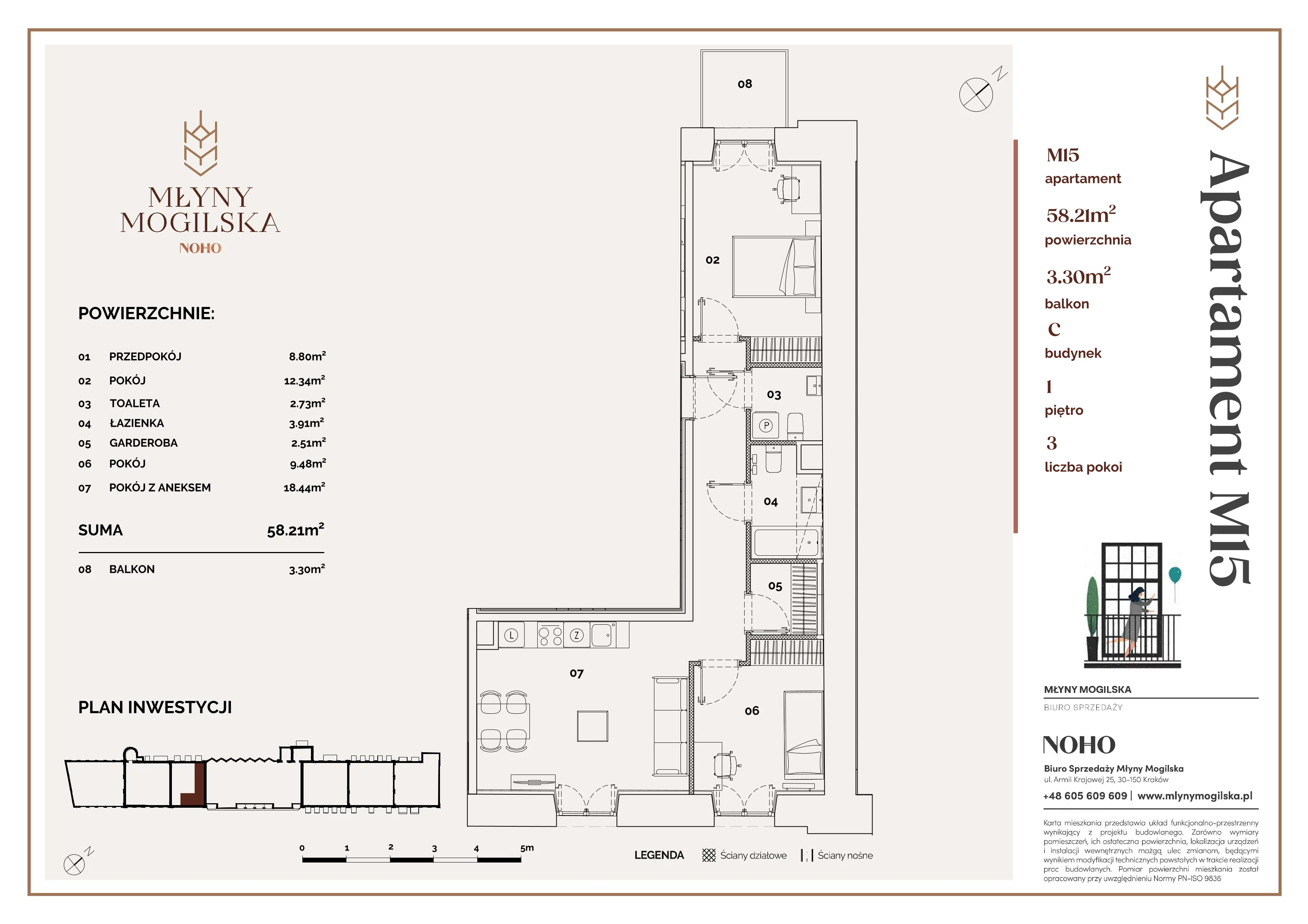 3 pokoje, mieszkanie 58,21 m², piętro 1, oferta nr C/15, Młyny Mogilska, Kraków, Prądnik Czerwony, Rakowice, ul. Mogilska