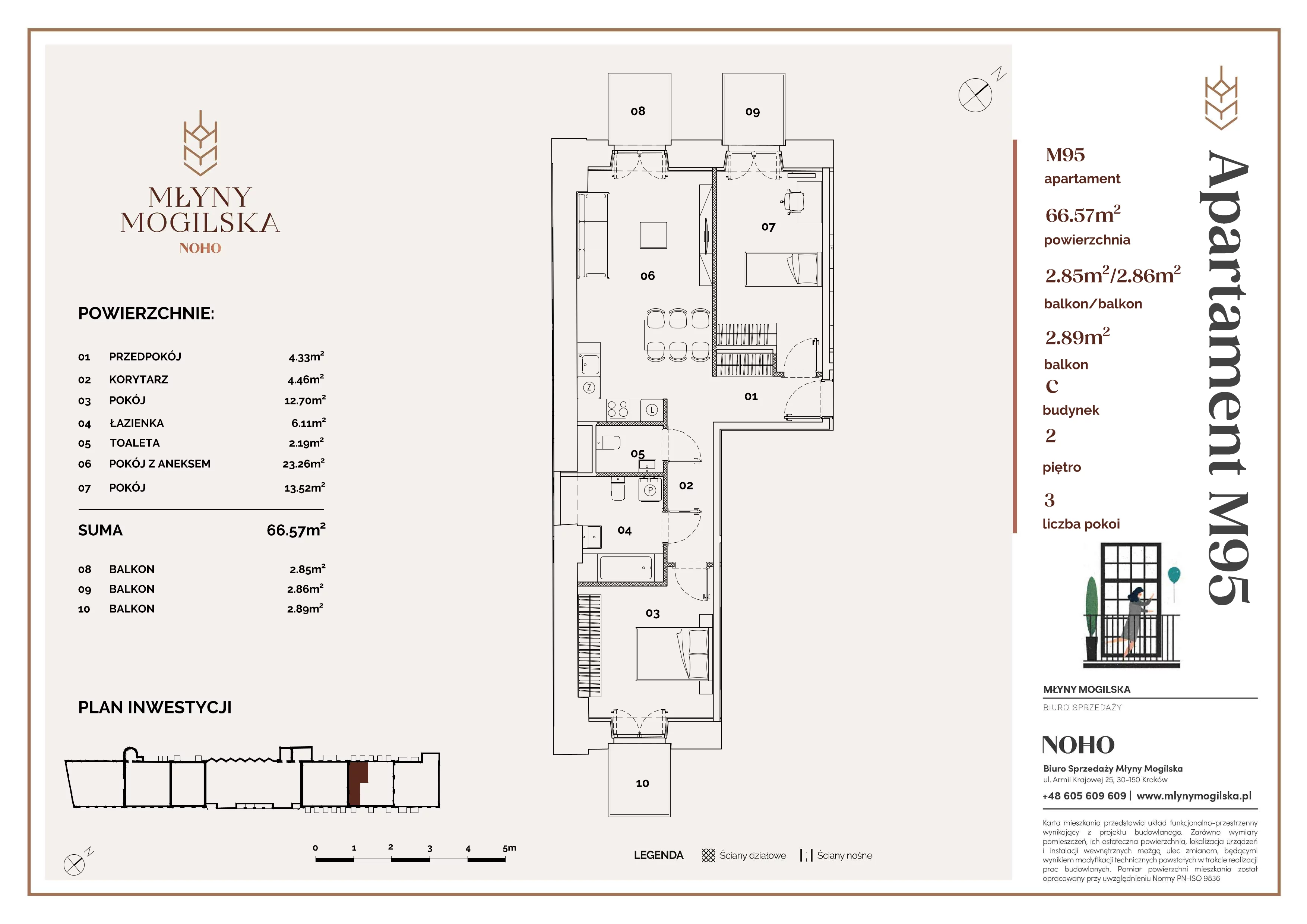 3 pokoje, mieszkanie 66,57 m², piętro 2, oferta nr C/95, Młyny Mogilska, Kraków, Prądnik Czerwony, Rakowice, ul. Mogilska