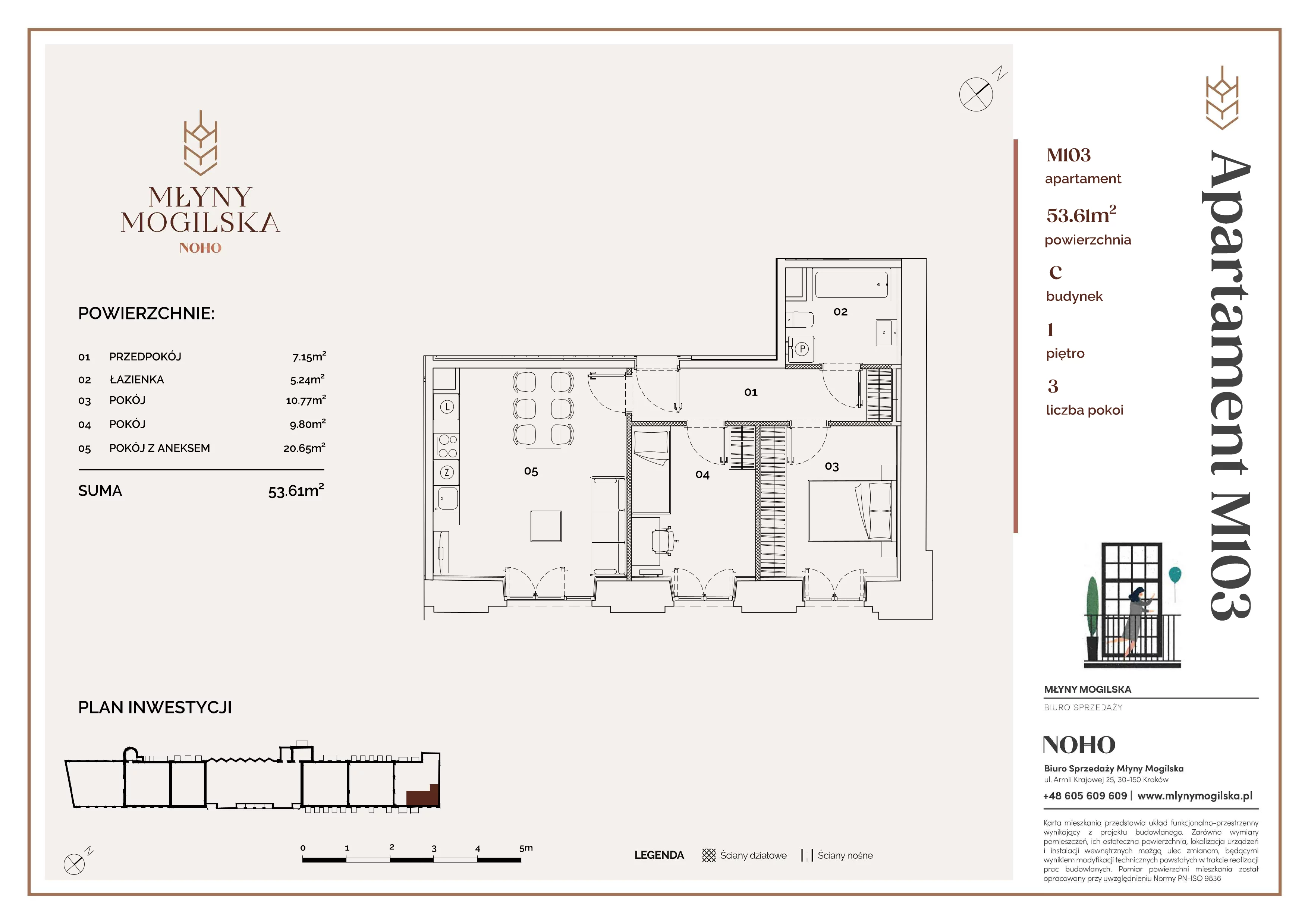 3 pokoje, mieszkanie 53,61 m², piętro 1, oferta nr C/103, Młyny Mogilska, Kraków, Prądnik Czerwony, Rakowice, ul. Mogilska