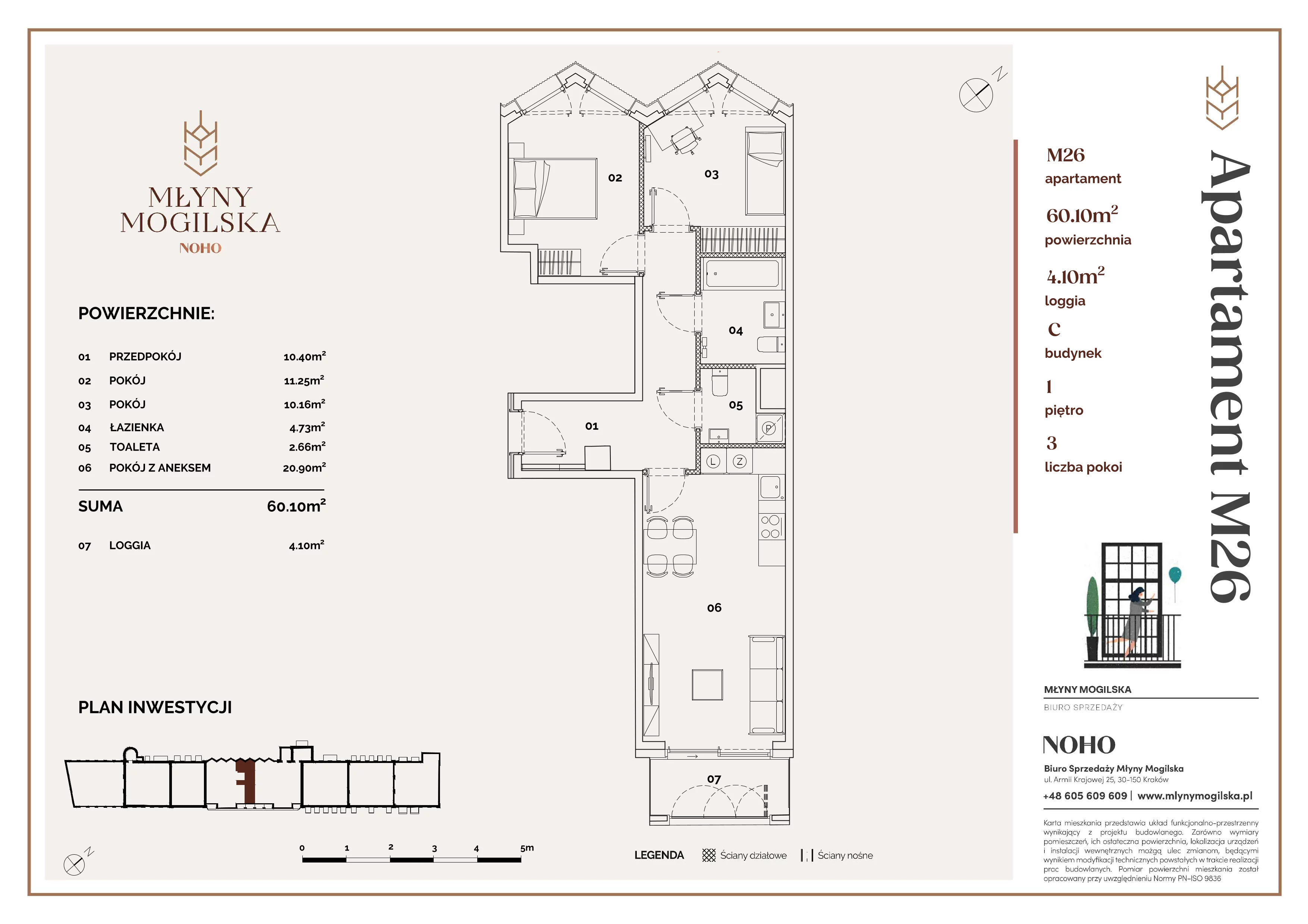 3 pokoje, mieszkanie 60,10 m², piętro 1, oferta nr C/26, Młyny Mogilska, Kraków, Prądnik Czerwony, Rakowice, ul. Mogilska