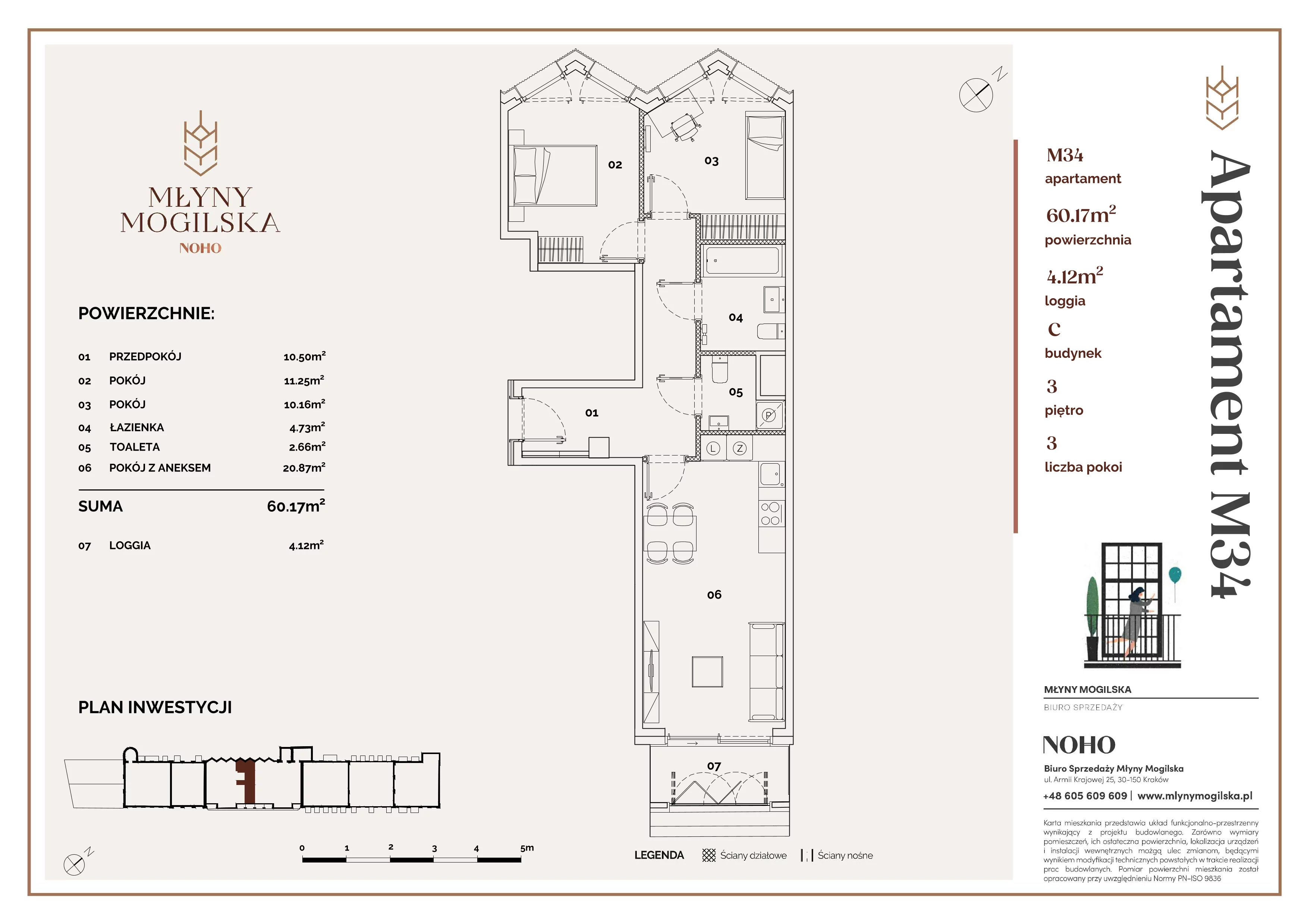 3 pokoje, mieszkanie 60,17 m², piętro 3, oferta nr C/34, Młyny Mogilska, Kraków, Prądnik Czerwony, Rakowice, ul. Mogilska