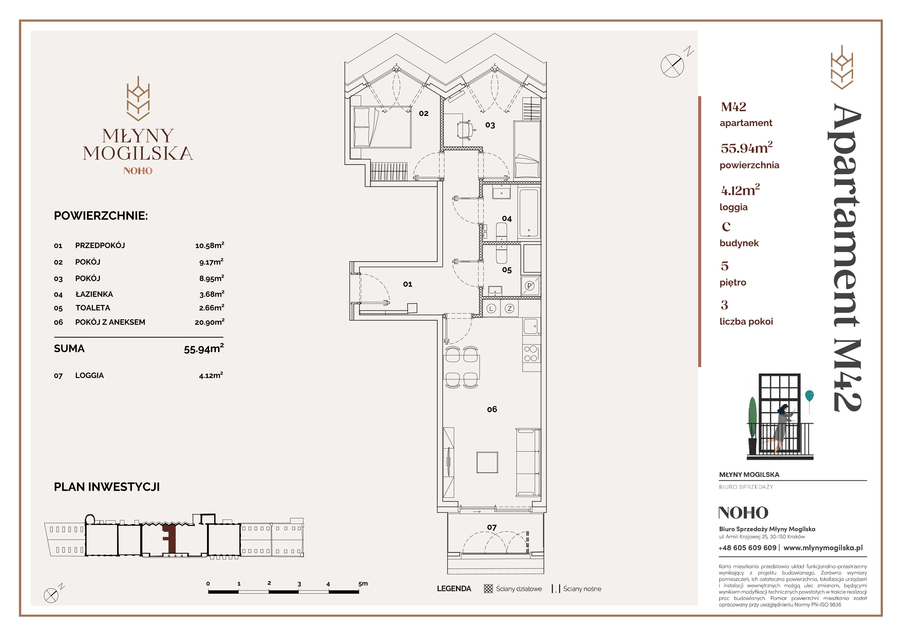 3 pokoje, mieszkanie 55,94 m², piętro 5, oferta nr C/42, Młyny Mogilska, Kraków, Prądnik Czerwony, Rakowice, ul. Mogilska