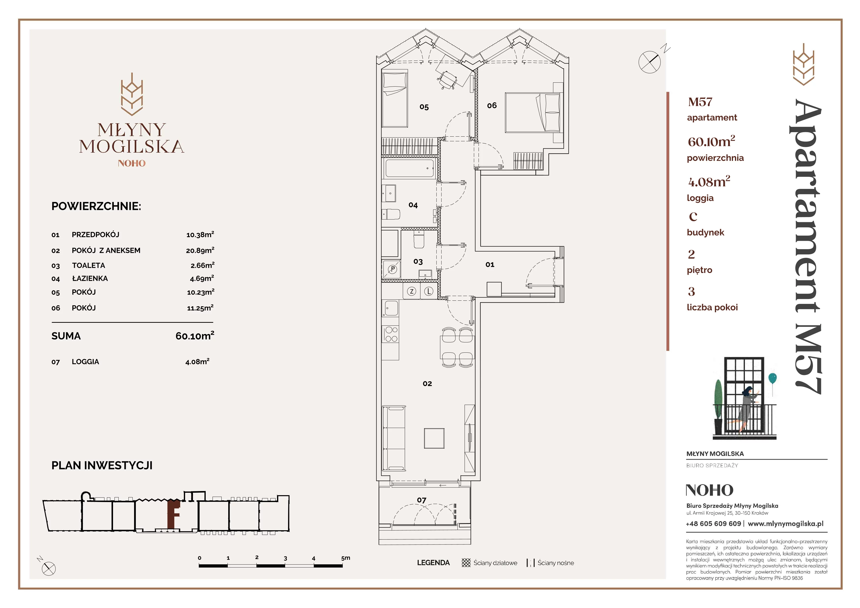 3 pokoje, mieszkanie 60,10 m², piętro 2, oferta nr C/57, Młyny Mogilska, Kraków, Prądnik Czerwony, Rakowice, ul. Mogilska