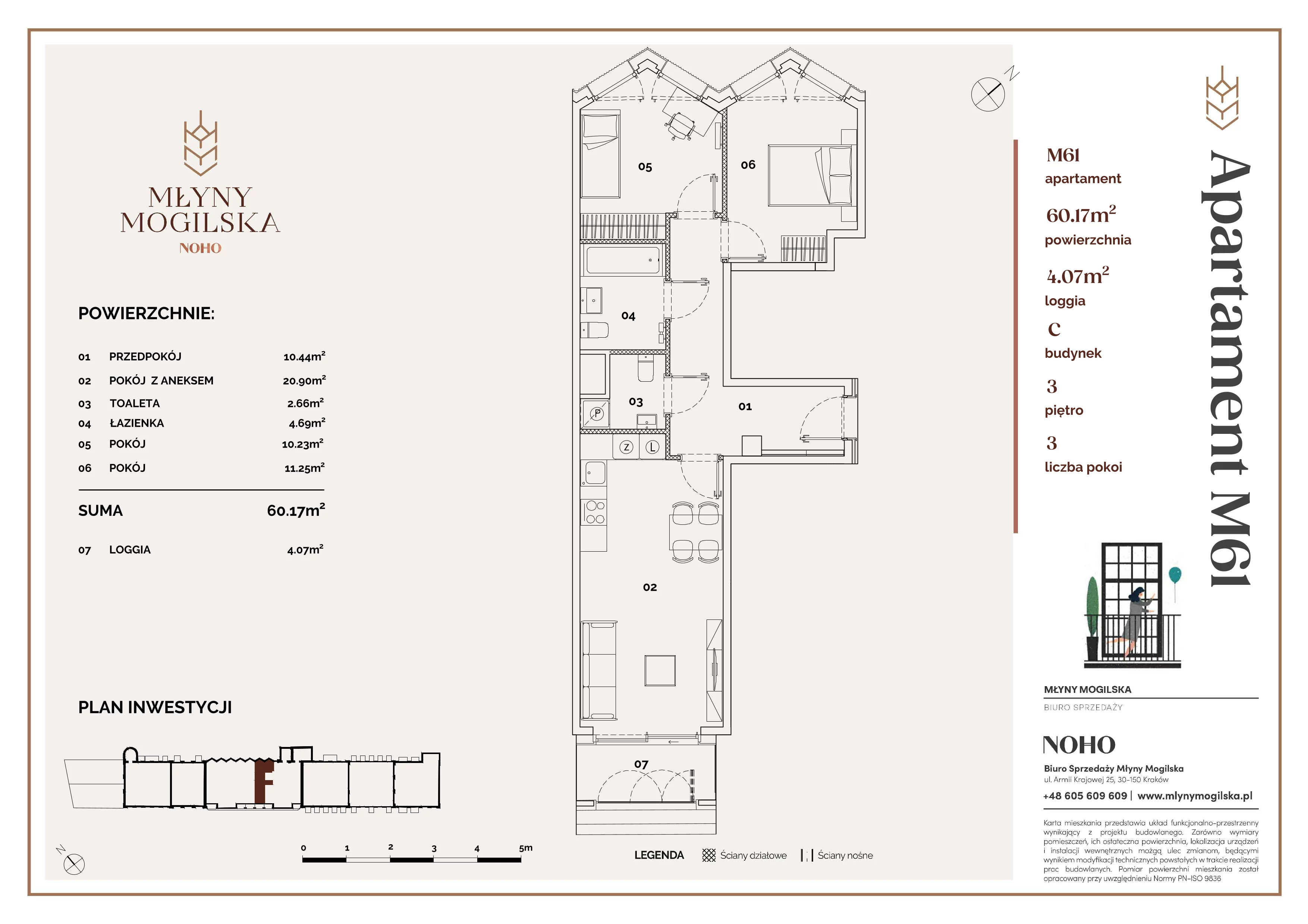 3 pokoje, mieszkanie 60,17 m², piętro 3, oferta nr C/61, Młyny Mogilska, Kraków, Prądnik Czerwony, Rakowice, ul. Mogilska